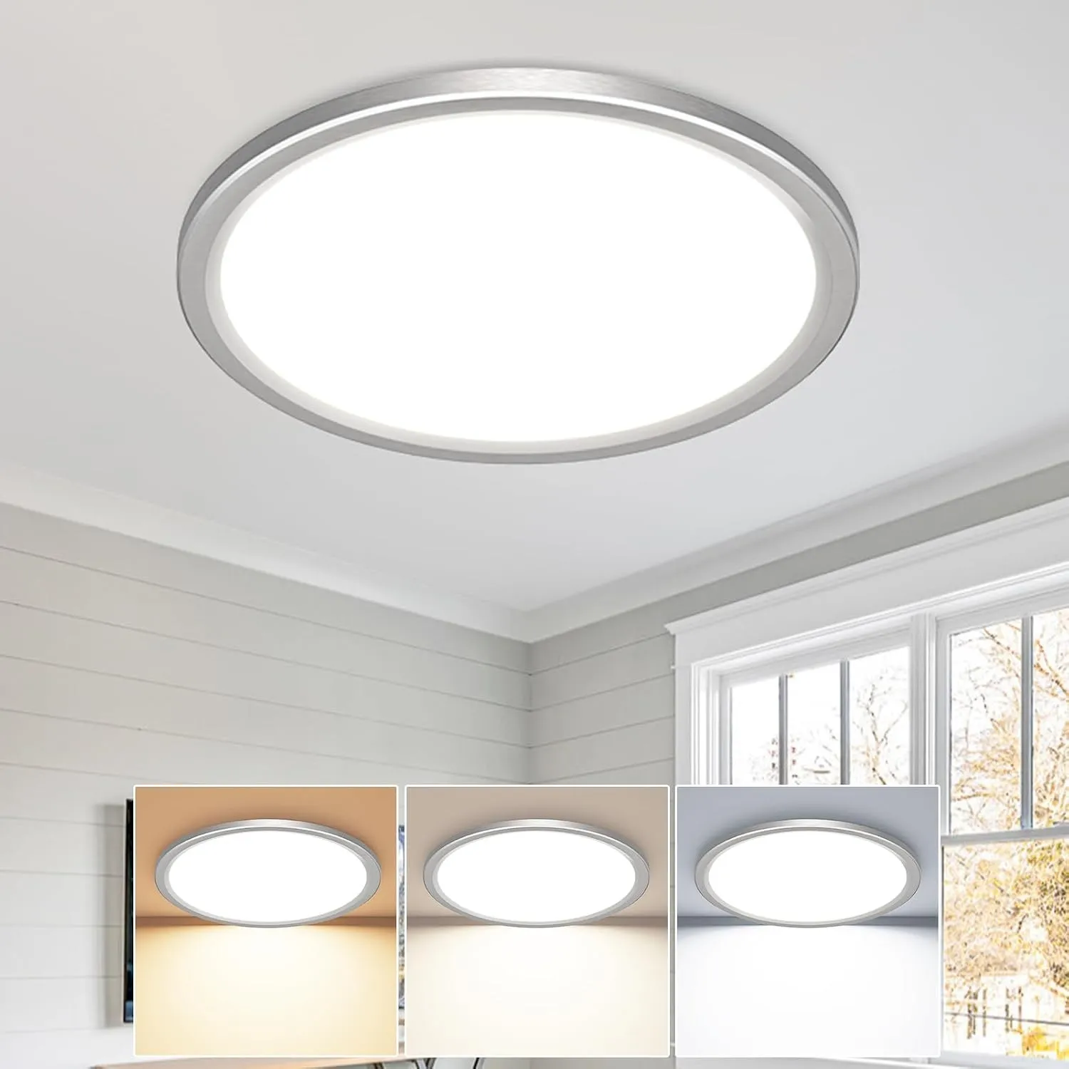 slochi Deckenlampe LED Deckenleuchte Flach, Ø22CM 3Farben 18W Nickelfarbe