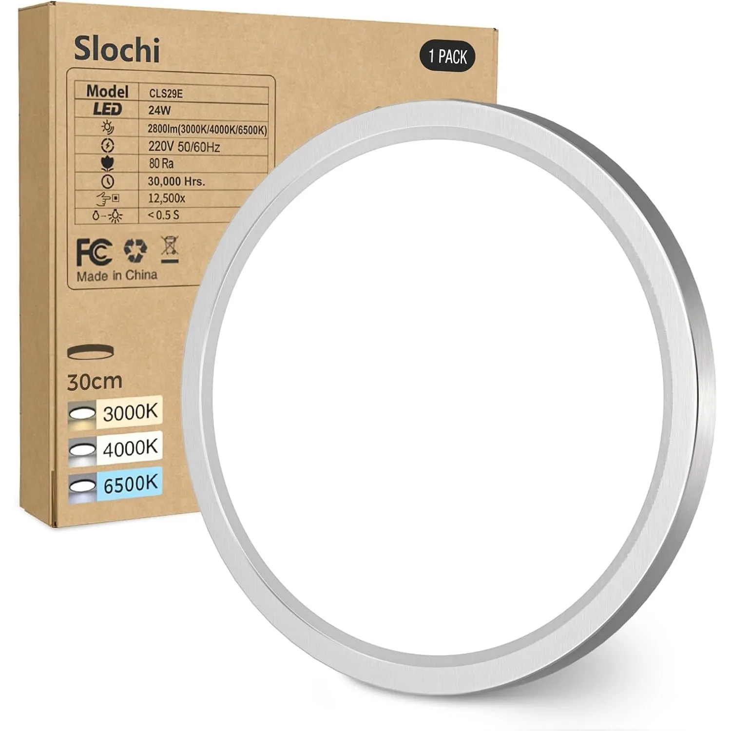slochi Deckenlampe LED Deckenleuchte Flach, Ø30CM 3Farben 24W Nickelfarbe