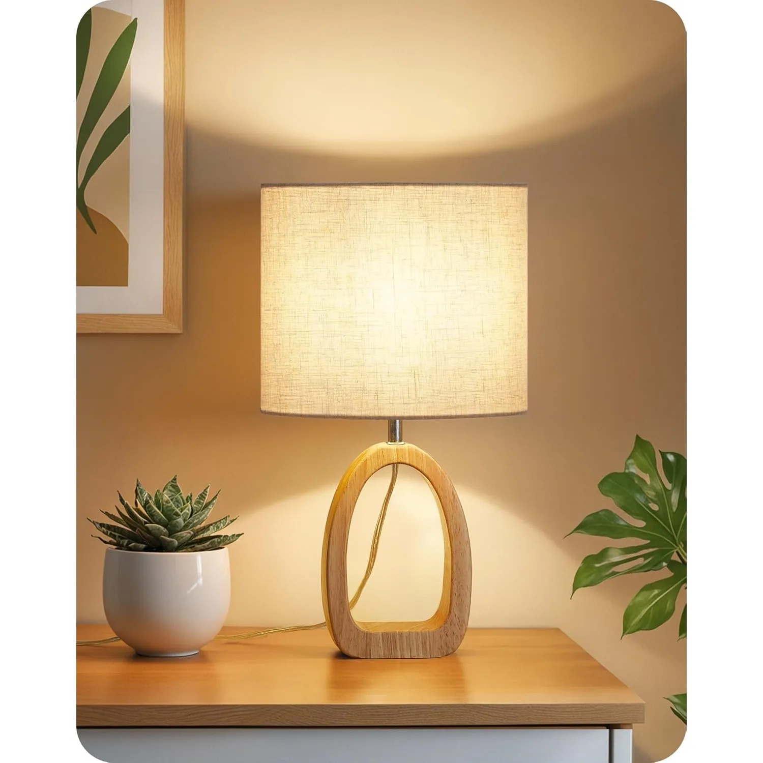 Nachttischlampe aus Holz, Moderne Tischlampe Wohnzimmer, Beige | Tischleuchte mit Kabel, Fensterbank Lampe aus Leinen, …