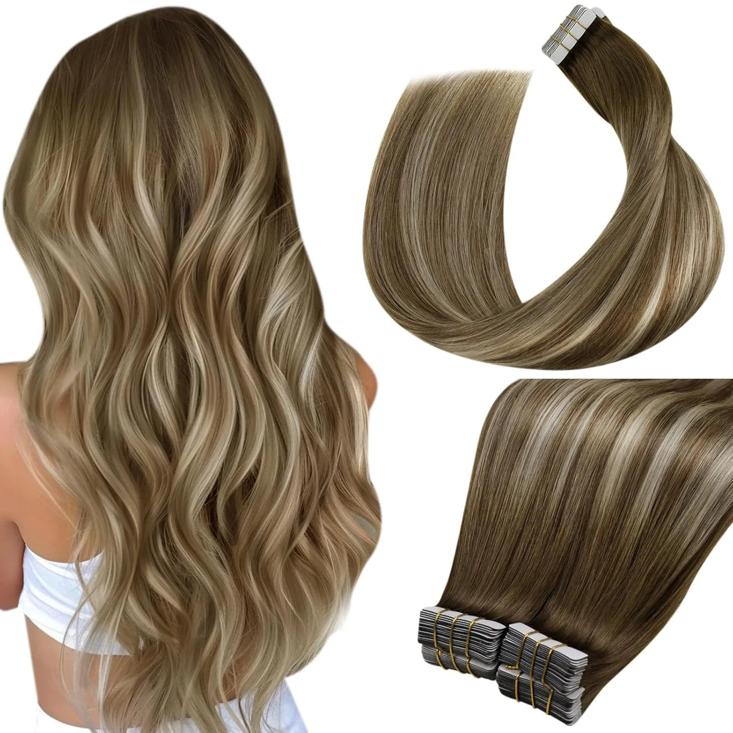 LaaVoo Echthaar Tape Extensions 100g Ombre Braun Extensions Echthaar Tape Balayage Braun zu Hellbraun und Hellblond Haa…