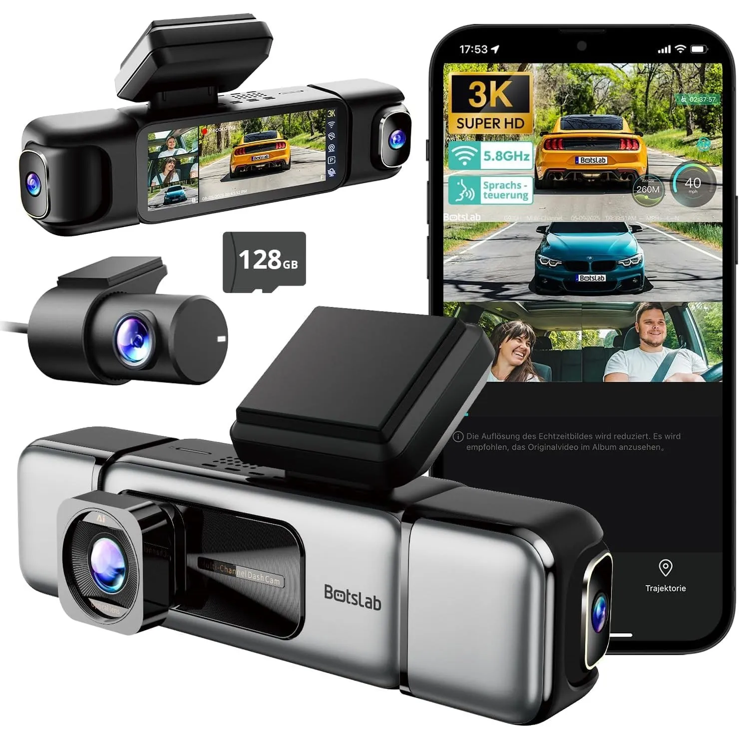 BOTSLAB 4 Kanal Dashcam Auto Vorne Hinten,3K+3 * 1080P Dash cam,5,8GHz WiFi
