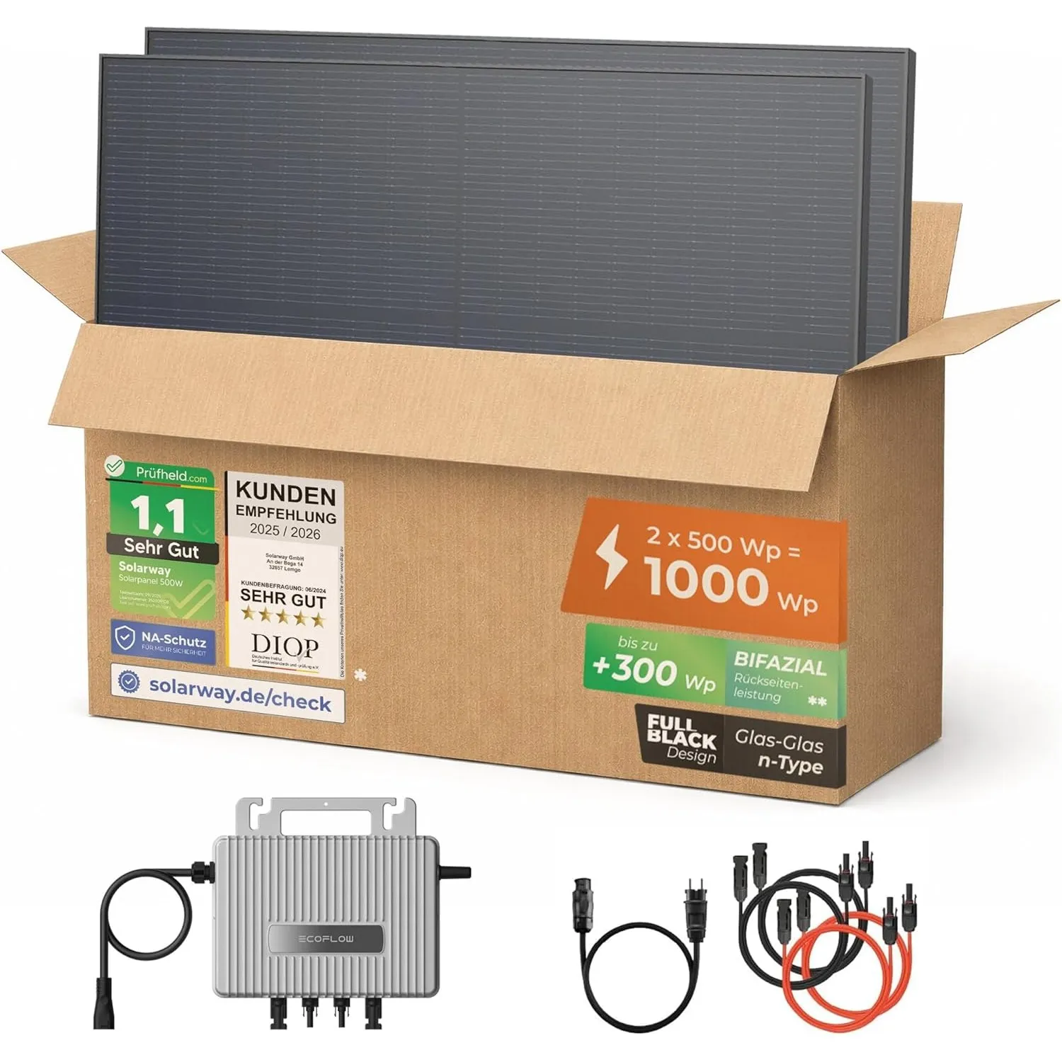 Solarway® 1000Wp / 800W Balkonkraftwerk komplett Steckdose - neuester EcoFlow Stream 800 Watt Wechselrichter - Solaranl…