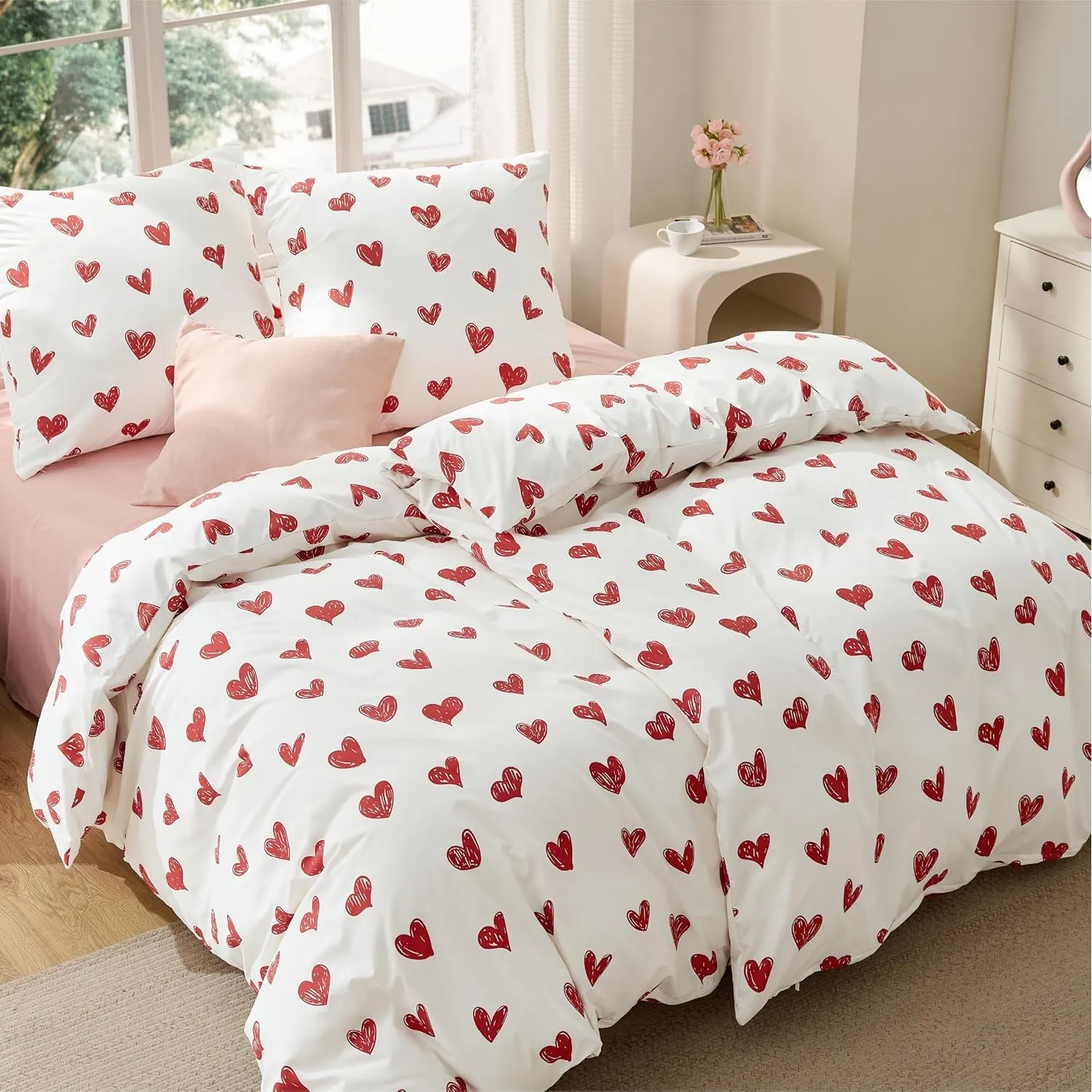 BEDSURE Bettwäsche 135x200 4teilig Herzen - Bettwäsche-Sets Weiß Bettbezug 135 x 200 2er Set mit 2 Kissenbezüge 80x80 c…