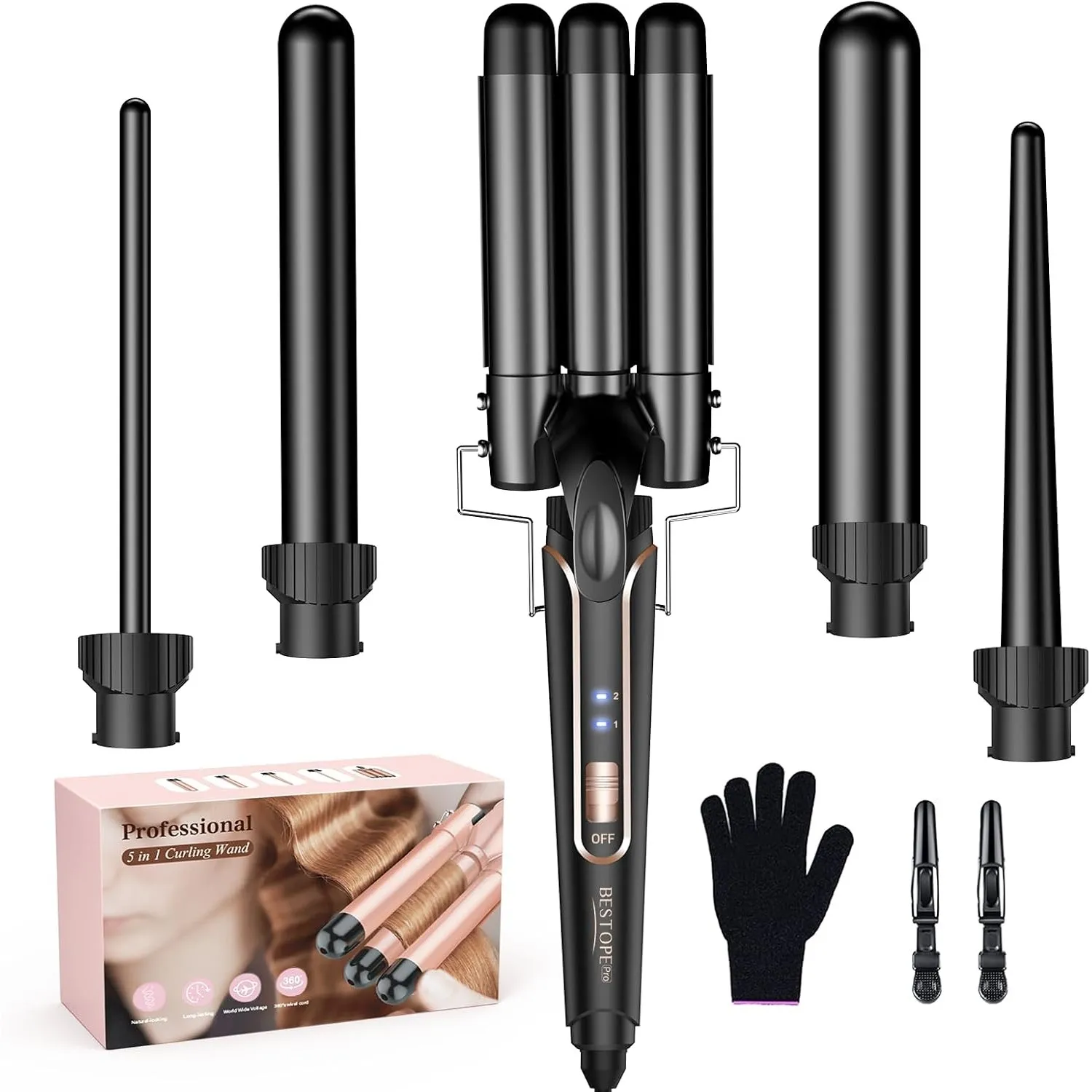 BESTOPE PRO Lockenstab Lockenstäbe 3 Fässer Welleneisen 5 in 1– Lockenstab Set 3 Fässer für großer Wellen, Temperaturei…