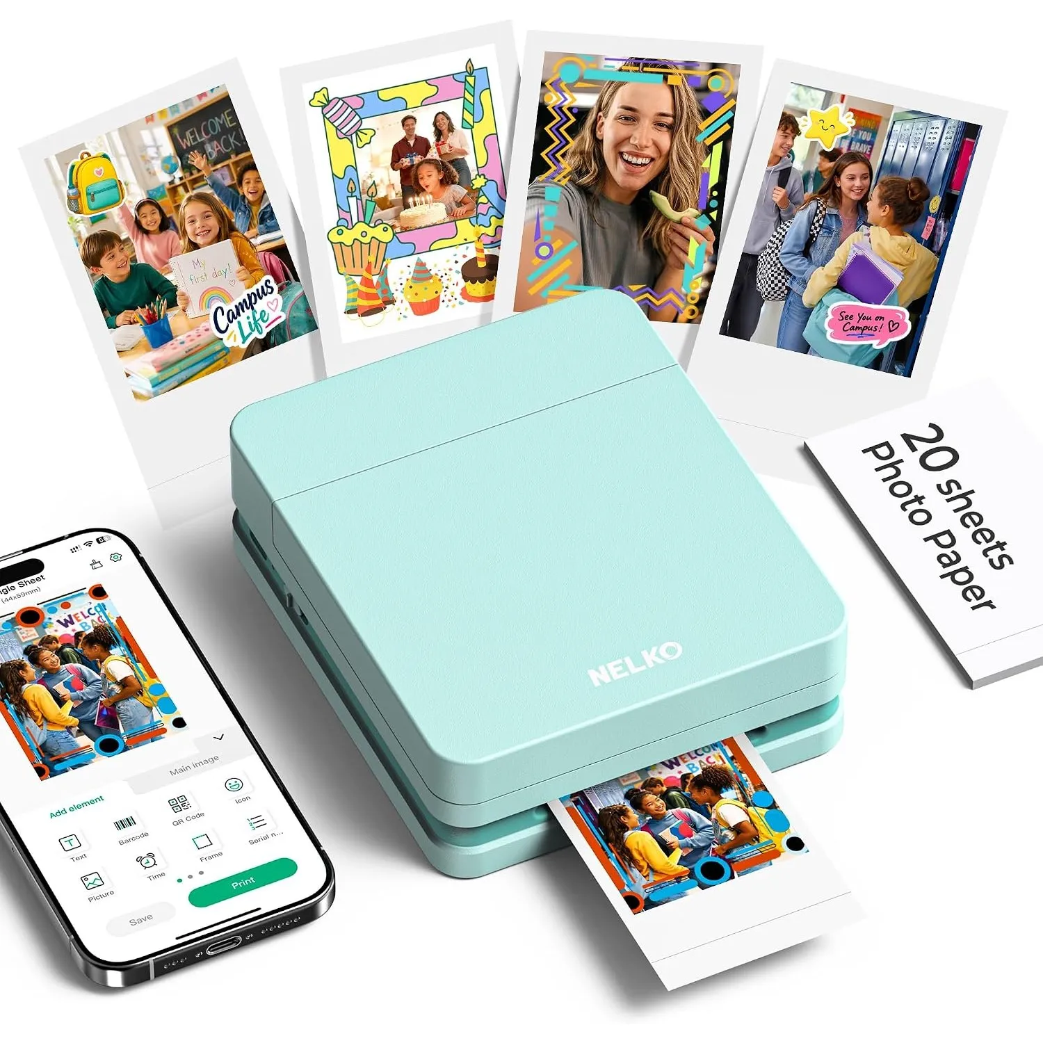 Nelko Fotodrucker für Smartphone, PP01 Mini Fotodrucker, 20 Blatt, Grün