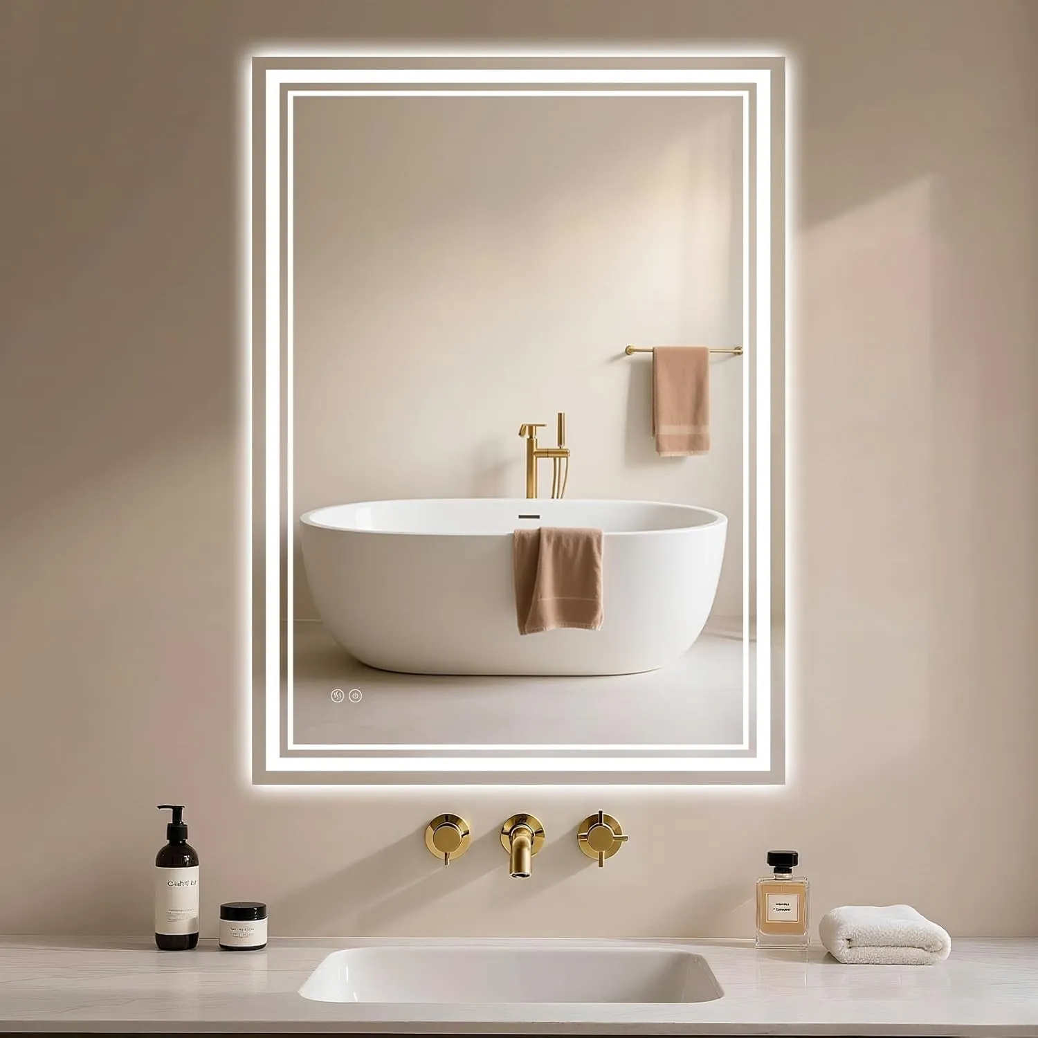 Badspiegel-mit-Beleuchtung 80x60cm - Badezimmerspiegel LED Badezimmer Spiegel mit Beleuchtung Beschlagfrei, Touch-Schal…