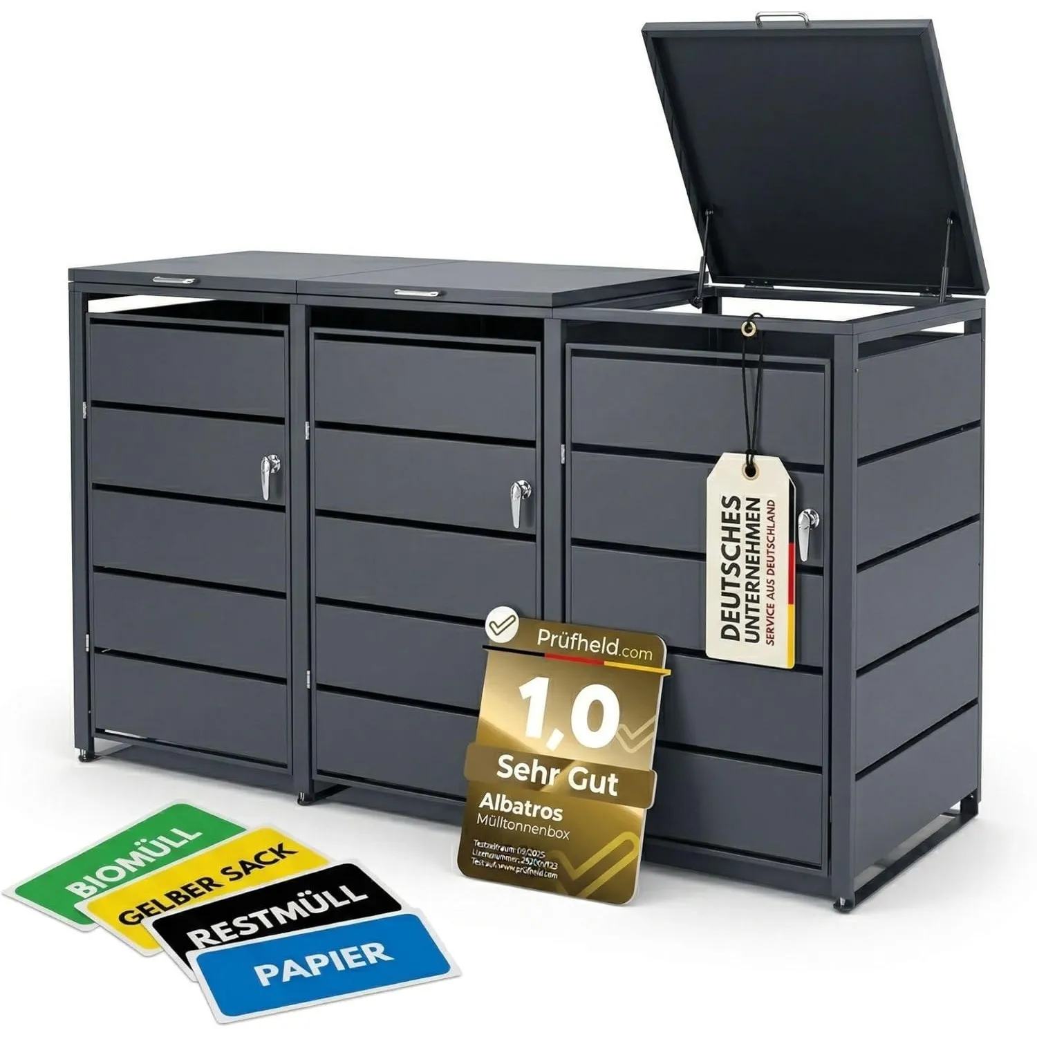 ALBATROS Mülltonnenbox 3er | Metall RAL7016, 120-240L, abschließbar