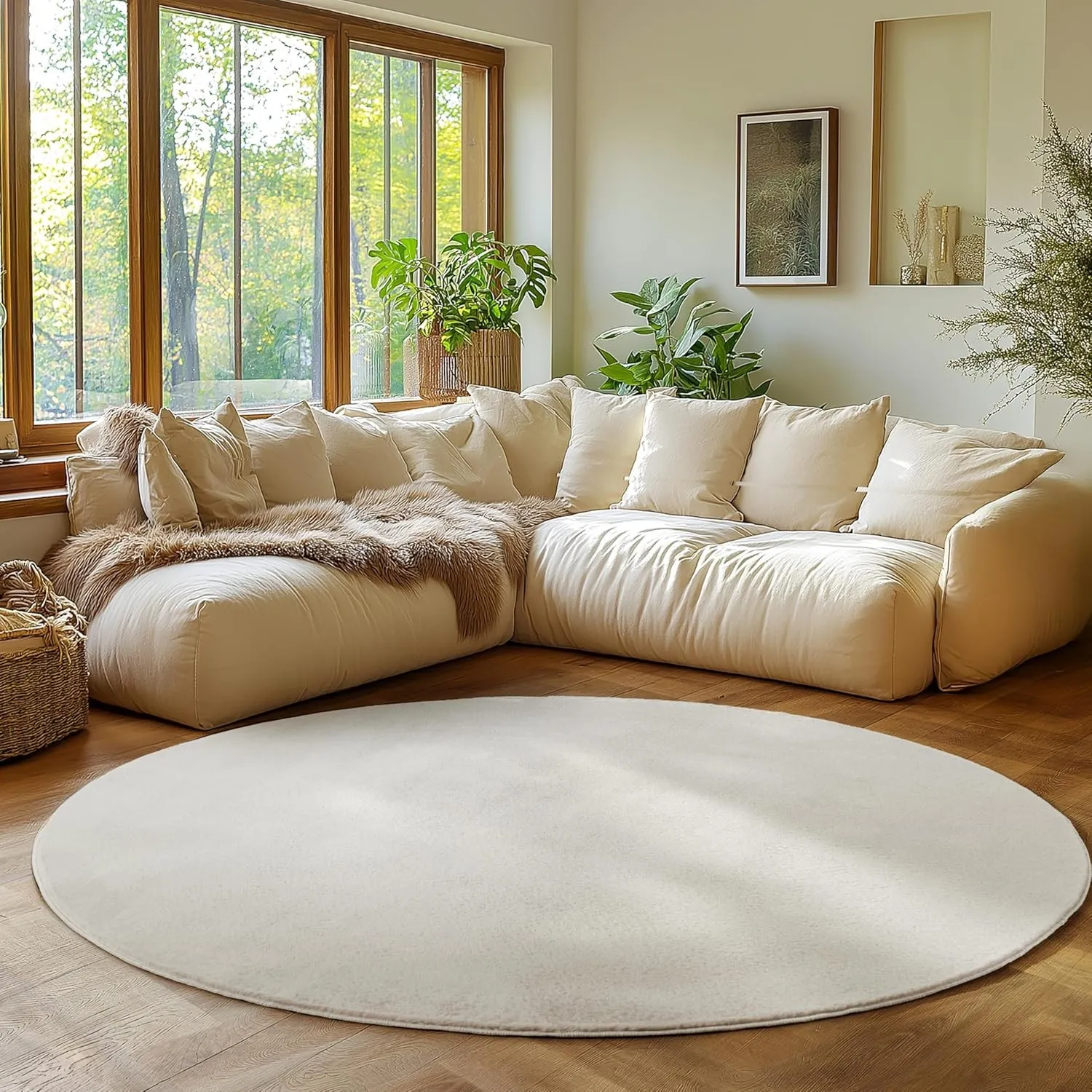 SIMPEX Runder Teppich Creme 160 cm Waschbarer Kurzflor Teppich, rund, rutschfest & weich, modernes einfarbiges Design f…