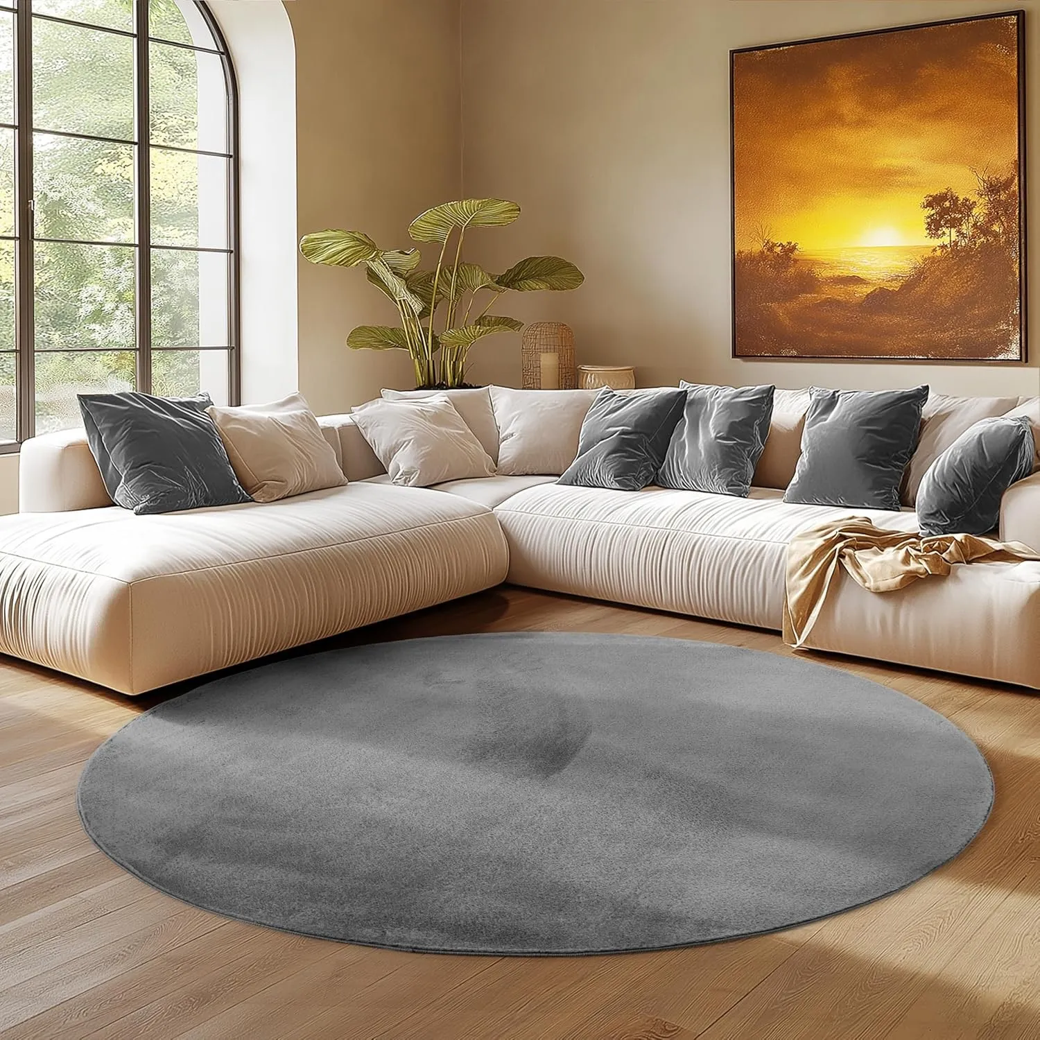 SIMPEX Runder Teppich Grau 200 cm Waschbarer Kurzflor Teppich, rund, rutschfest & weich, modernes einfarbiges Design fü…