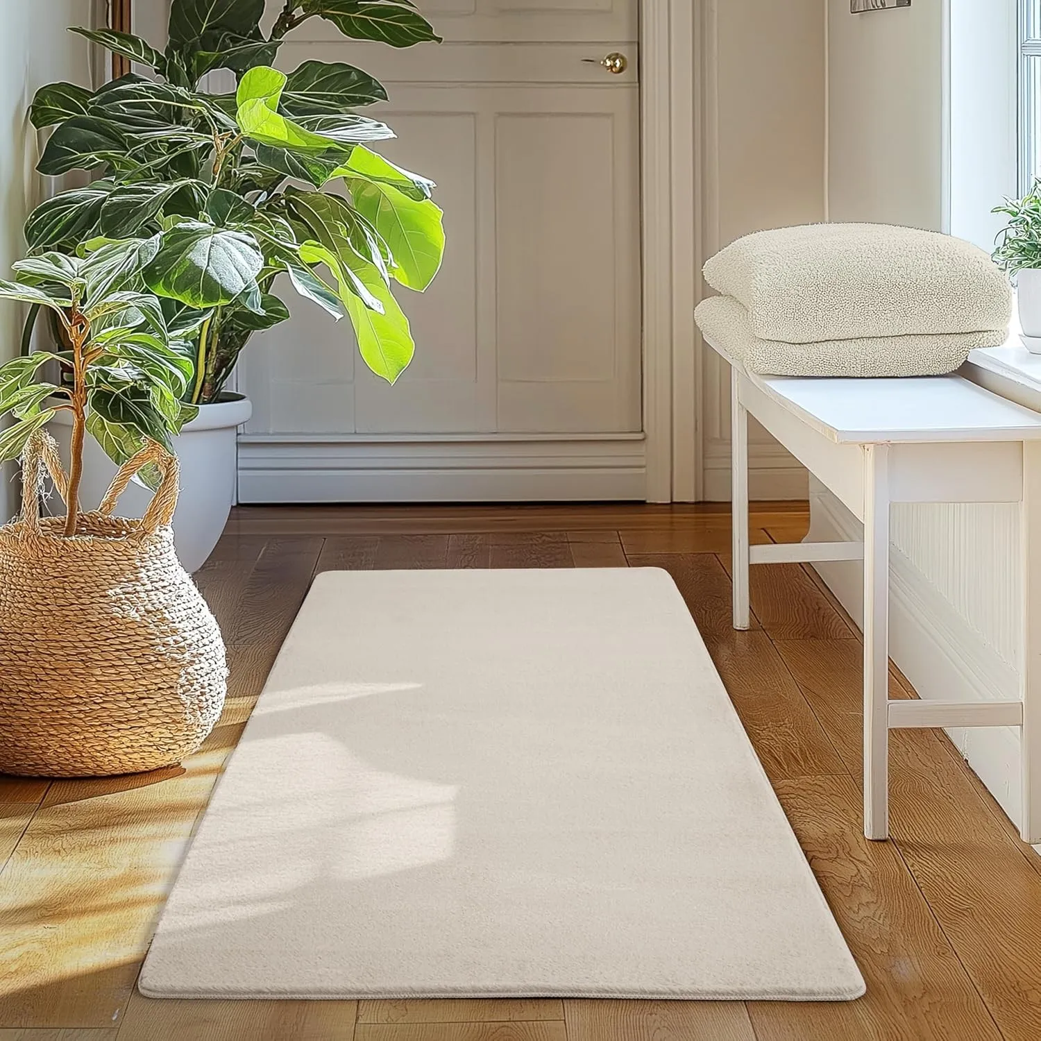 SIMPEX Läufer Teppich Creme 60x100 cm Waschbarer Kurzflor Teppich, rutschfest & weich, modernes einfarbiges Design für …
