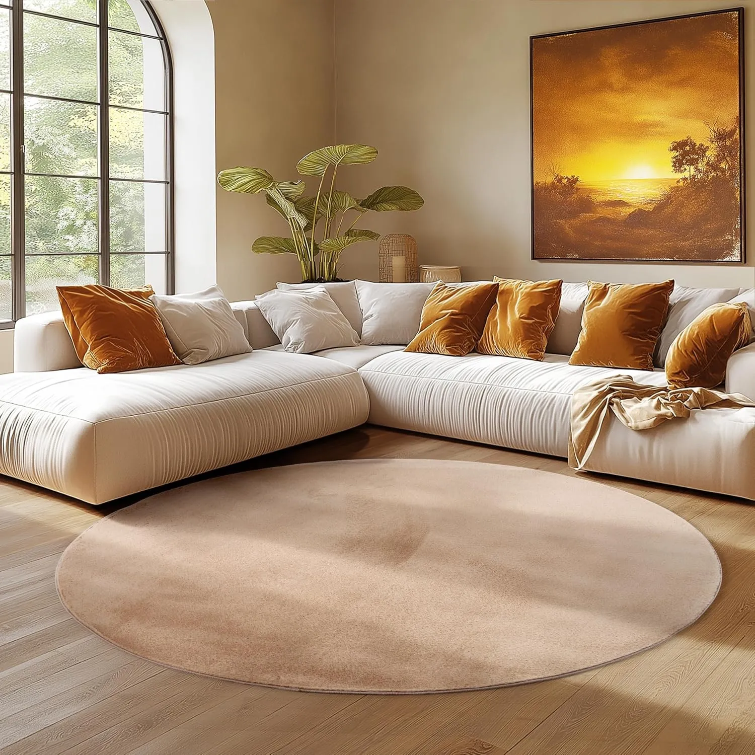 SIMPEX Runder Teppich Beige 200 cm Waschbarer Kurzflor Teppich, rund, rutschfest & weich, modernes einfarbiges Design f…