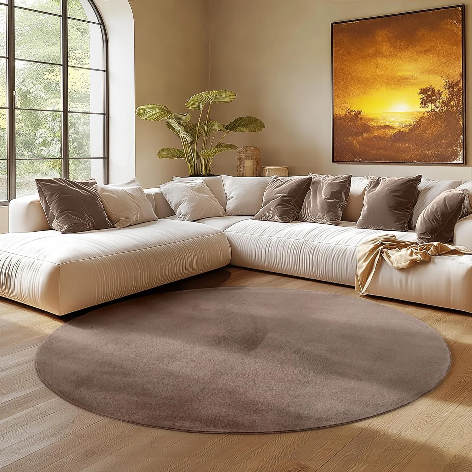 SIMPEX Runder Teppich Braun 160 cm Kurzflor Teppich Waschbar, rund, weich & rutschfest, modern einfarbiges Design für W…