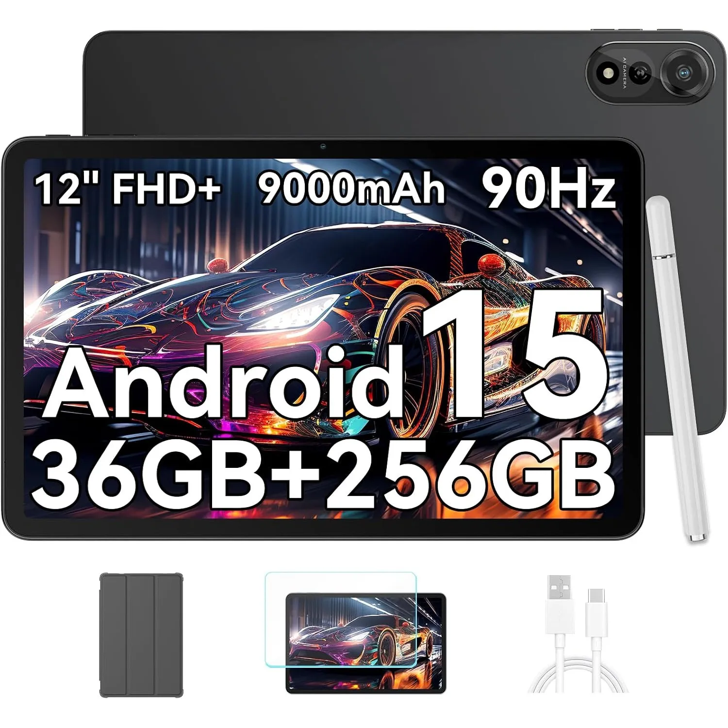Blackview Mega2WiFi Tablet 12 Zoll Android 15 Tablet mit Stift, 36GB RAM + 256GB ROM(2TB TF), 2K 90Hz FHD+ Display, WiF…