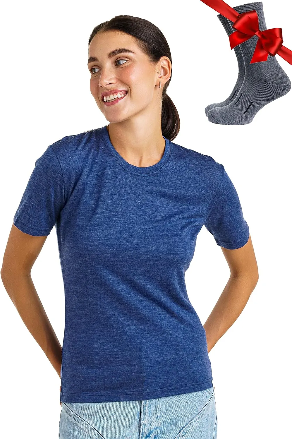 Merino.tech 100% Merino T Shirt Damen - Merinowolle Sport Wandern Thermoshirt Damen + Wandersocken