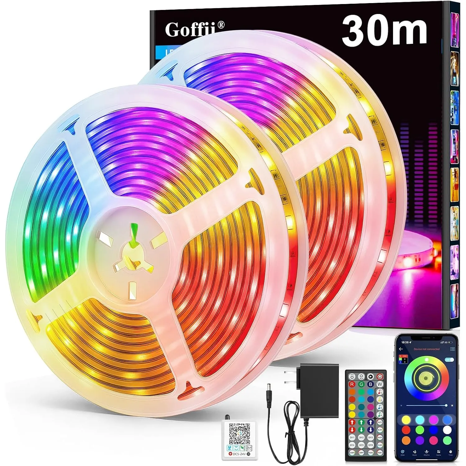 LED Strip 30m, LED Streifen Bluetooth RGB Led Band Selbstklebend mit Fernbedienung und APP. Musik Sync, Timer-Einstellu…