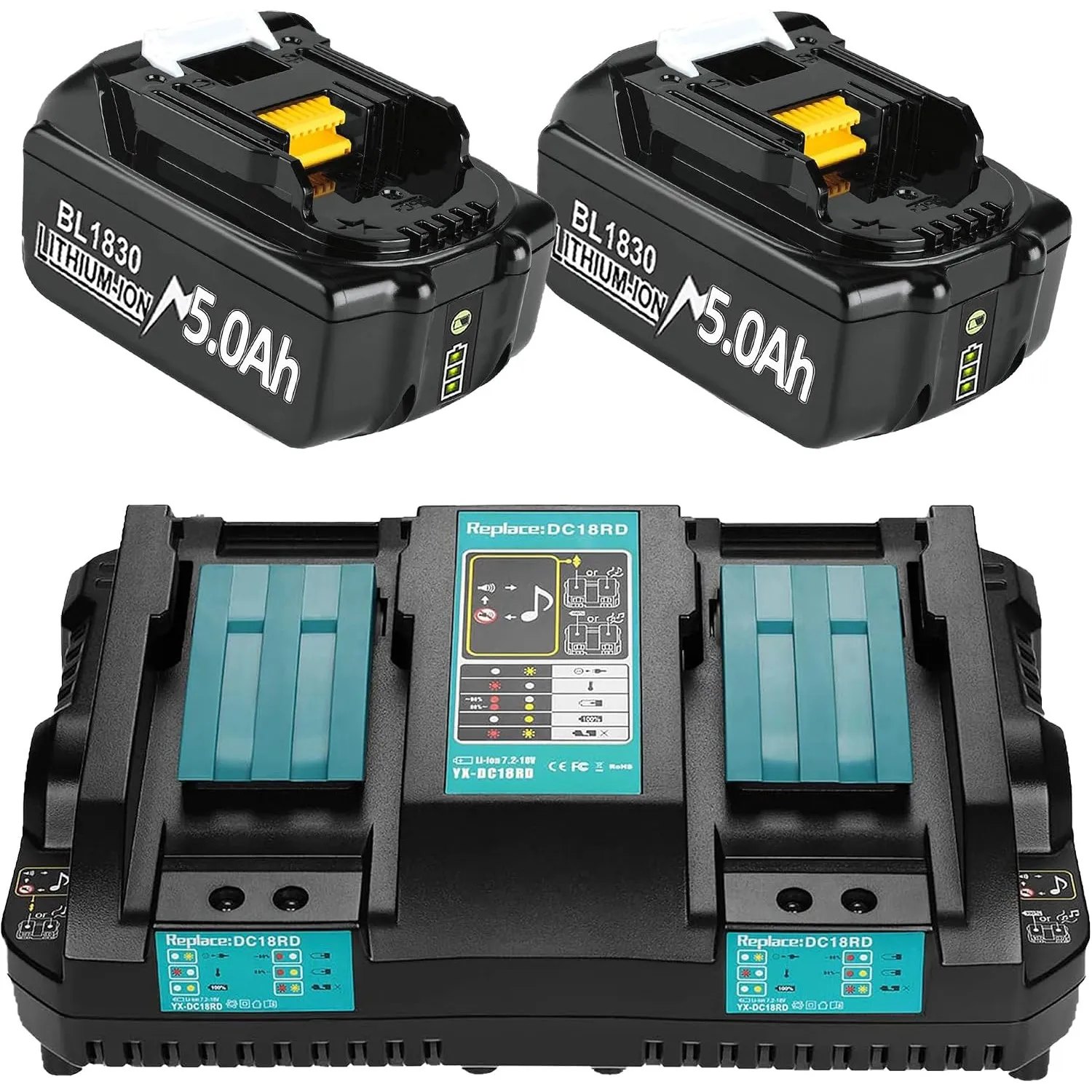 2 Stück 18V 5.0Ah Ersatzakku + 6A DC18RD Dual Port Ladegerät