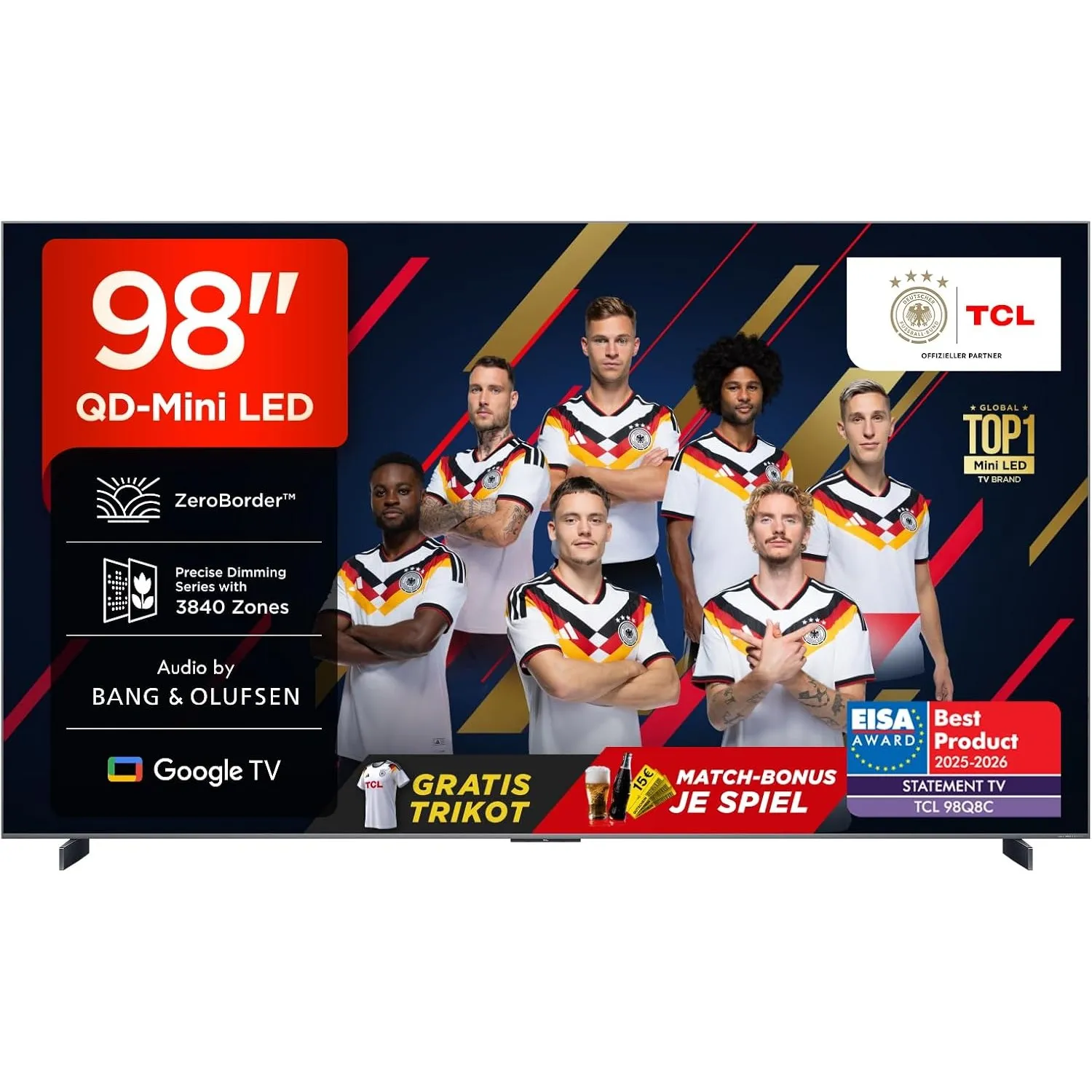 TCL 98Q8C 98 Zoll QD-Mini LED Fernseher, 4K HDR Premium 5000, ZeroBorder™, Smart Google TV CrystGlow WHVA-Panel, Audio …