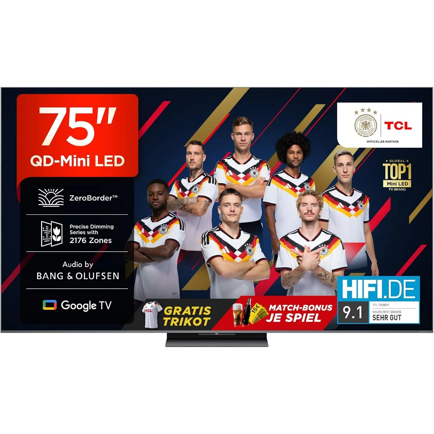 TCL 75Q8C 75 Zoll QD-Mini LED Fernseher, 4K HDR Premium 4500, ZeroBorder™, Smart Google TV, CrystGlow WHVA Panel, Audio…