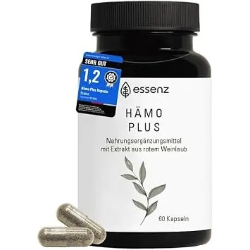 ESSENZ Hämo Plus Kapseln – Nahrungsergänzungsmittel mit rotem Weinlaub-, Hamamelis- und Traubenkern-Extrakt – vegan, 60…