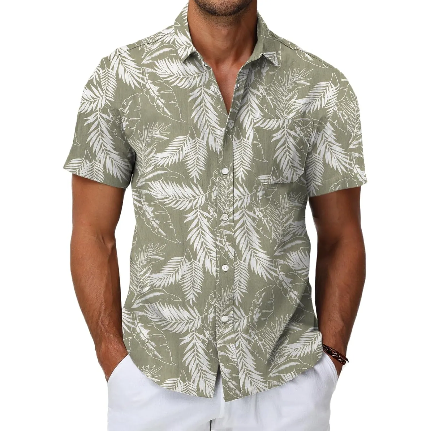 HMIYA Herren Hawaii Hemd Männer 100% Baumwolle Unisex Kurzarm Vordertasche Button Down Sommer Freizeit Urlaub Strand