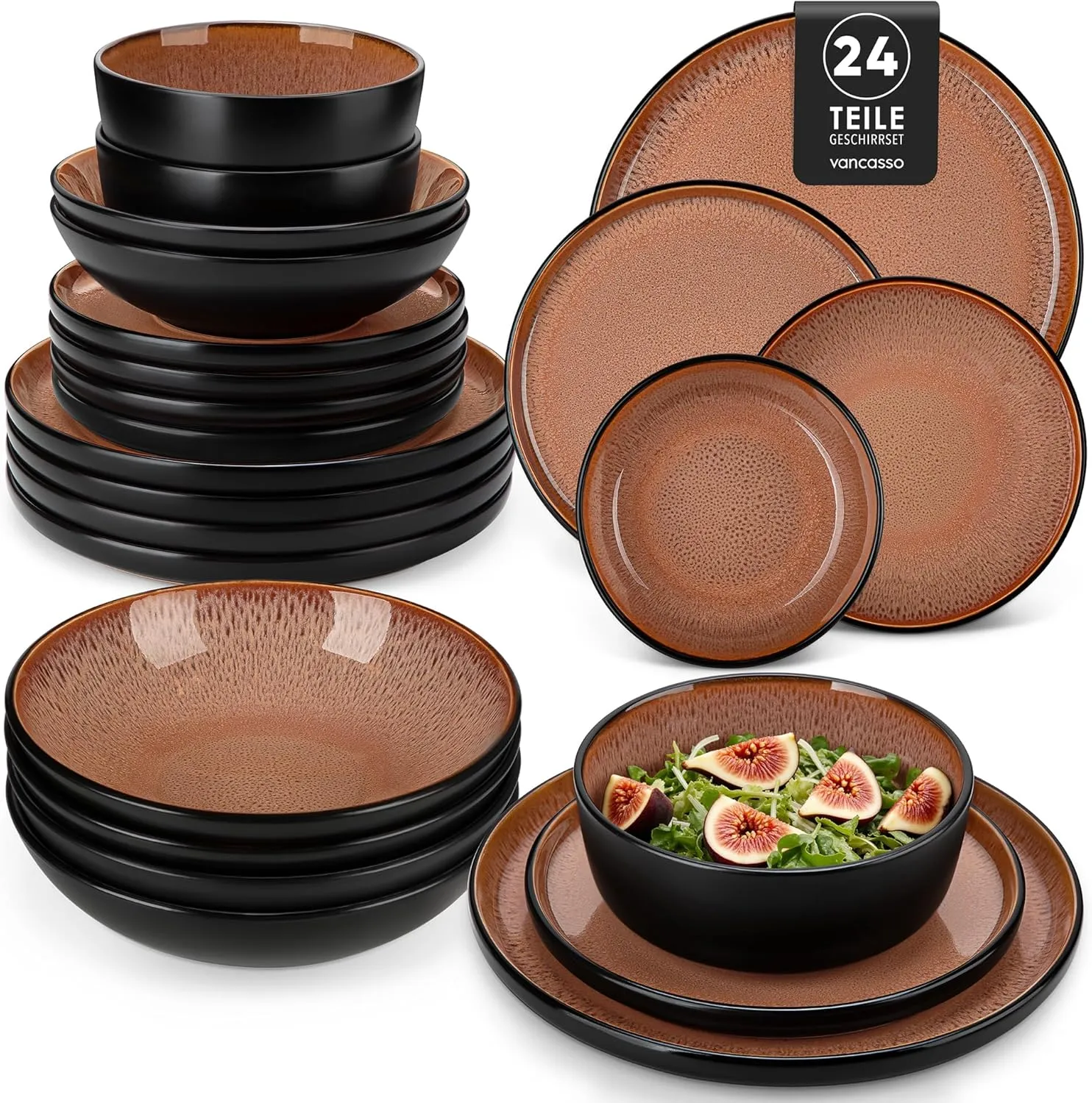 Steingut Geschirrset 6 Personen, vancasso AMBER Teller Set 6 Personen, Tafelservice 24tlg mit Speiseteller, Desserttell…