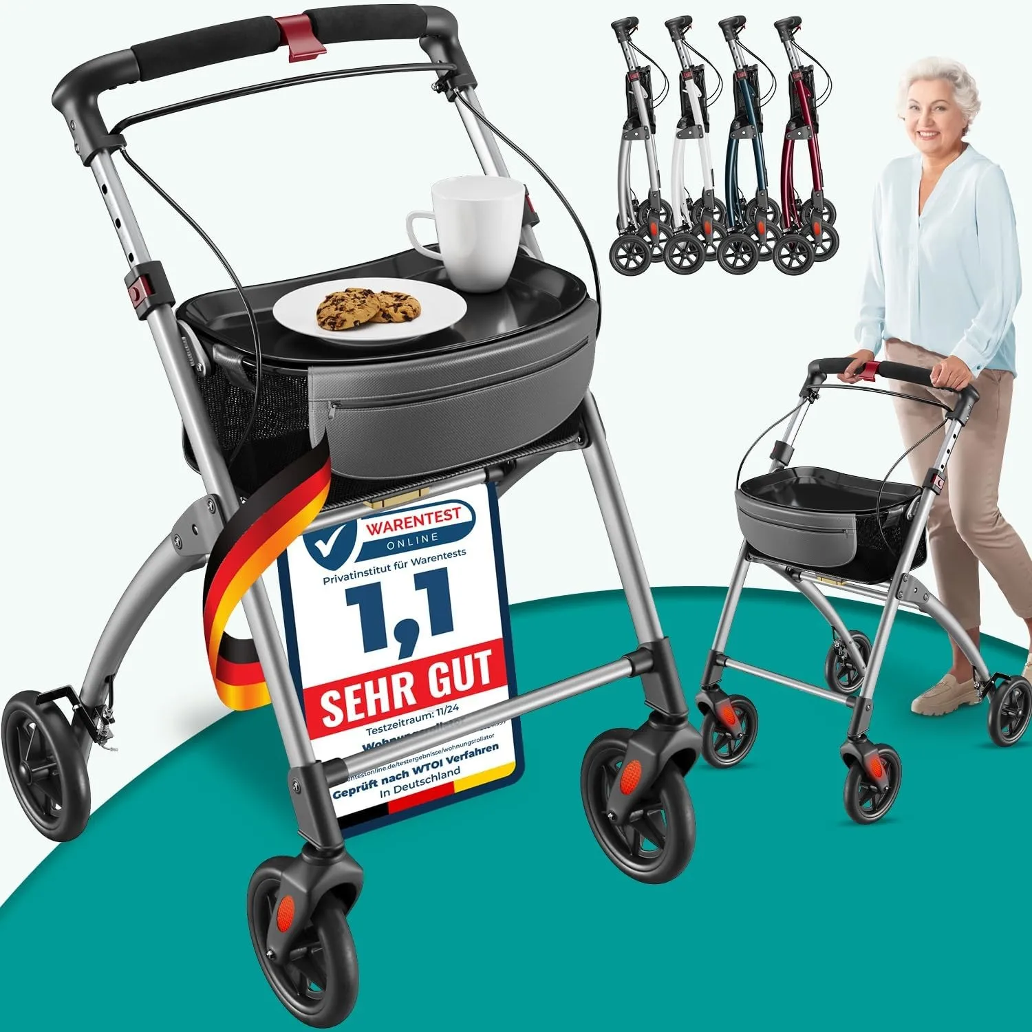 ELONEO Wohnungsrollator 54cm breit, faltbar und leicht, inkl. Tablett & Stoffkorb, Rollator schmal für die Wohnung, Ind…