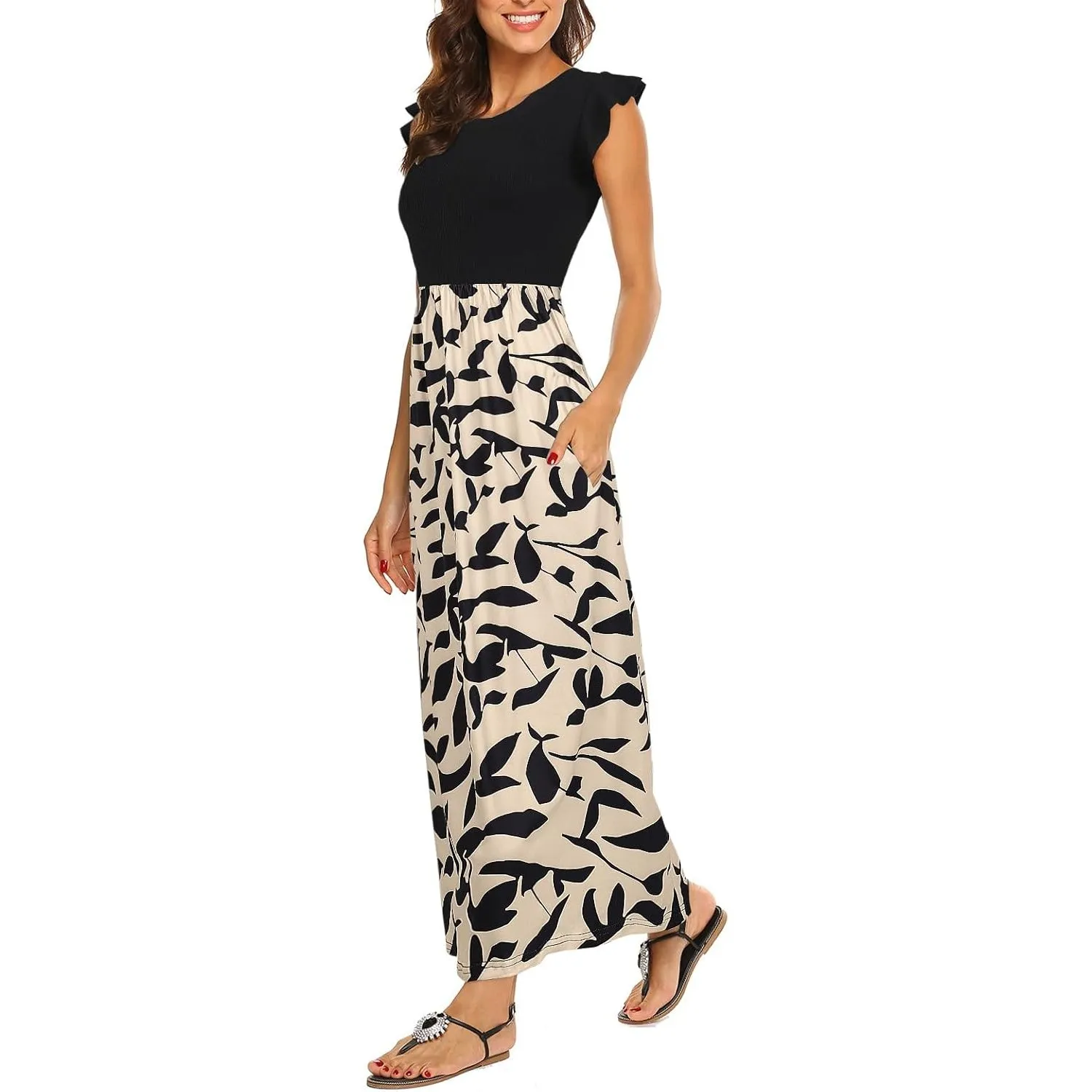 BDTECAOR Maxikleid Damen Sommer Boho Ärmellos Lange Tank Kleid mit Taschen