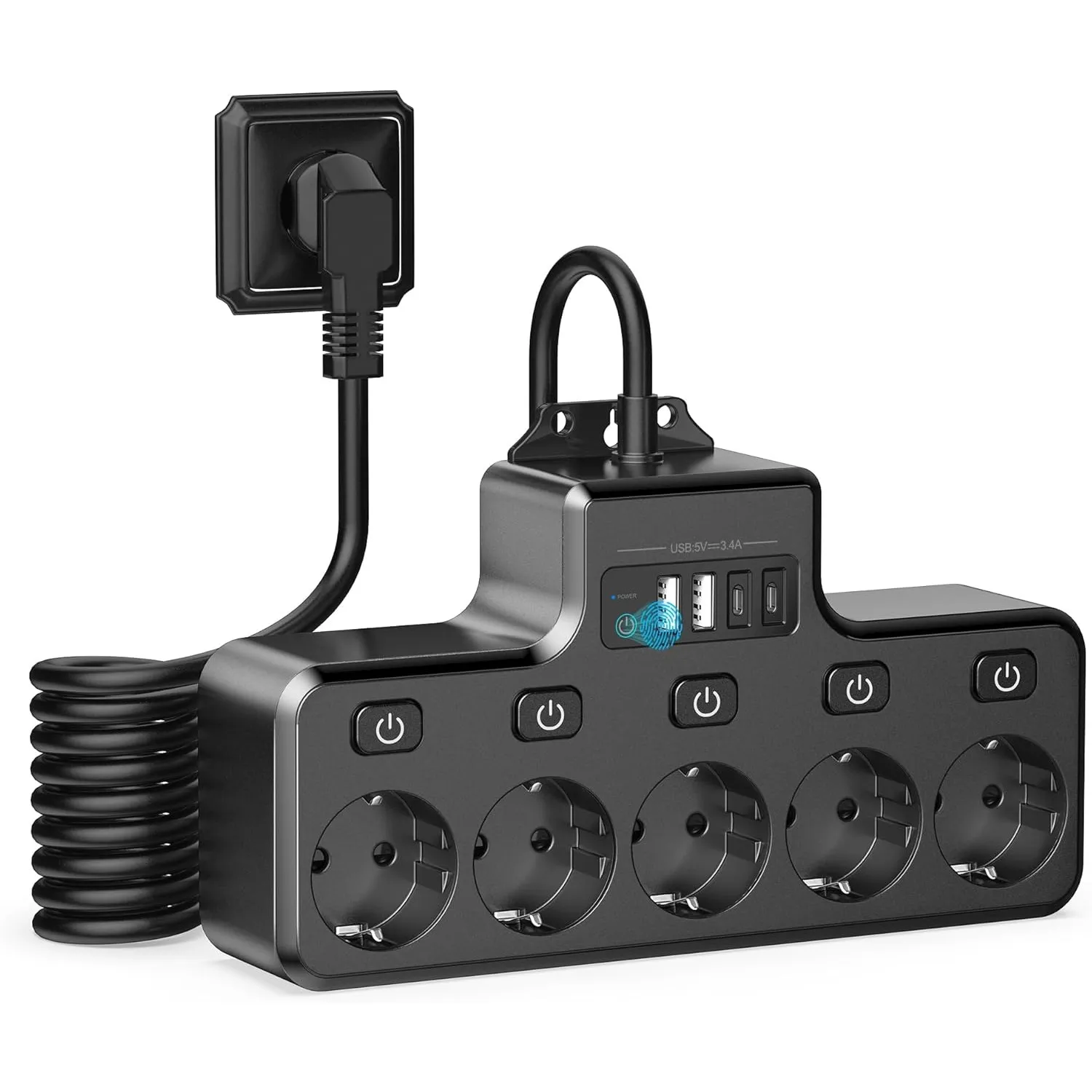 Steckdosenleiste mit Überspannungsschutz, 5-Fach & einzeln schaltbar, mit 2 USB-A und 2 USB-C – für Wandmontage in Küch…