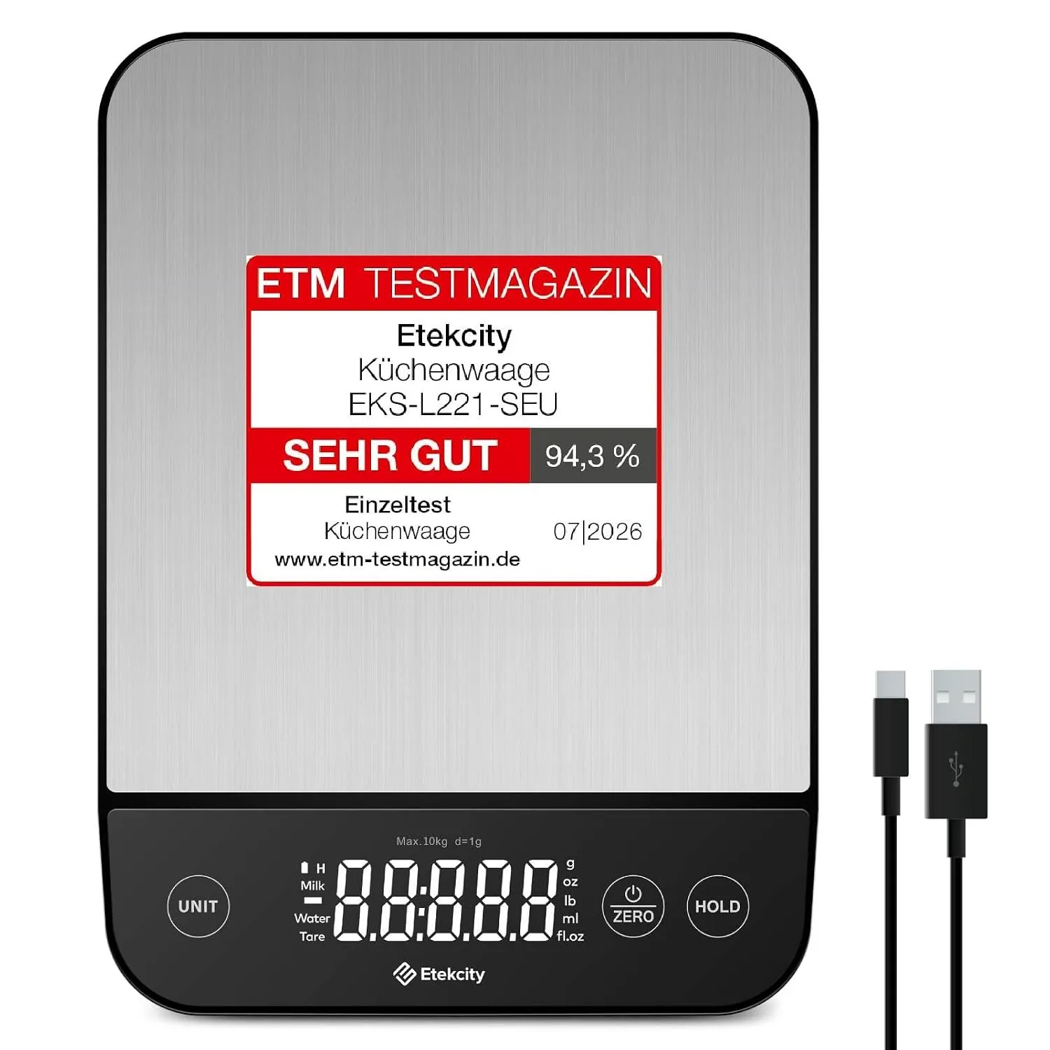 Etekcity 10kg Küchenwaage Digital - Edelstahl Waage Küche mit USB-Aufladung
