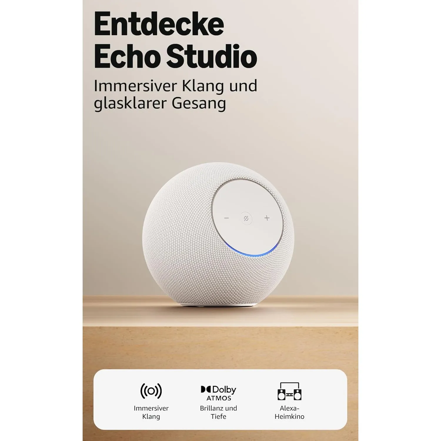 Amazon Echo Studio (neueste Generation), kompaktes Design, mit immersivem 3D-Audio und Dolby Atmos, Weiß, mit Alexa+ Ea…