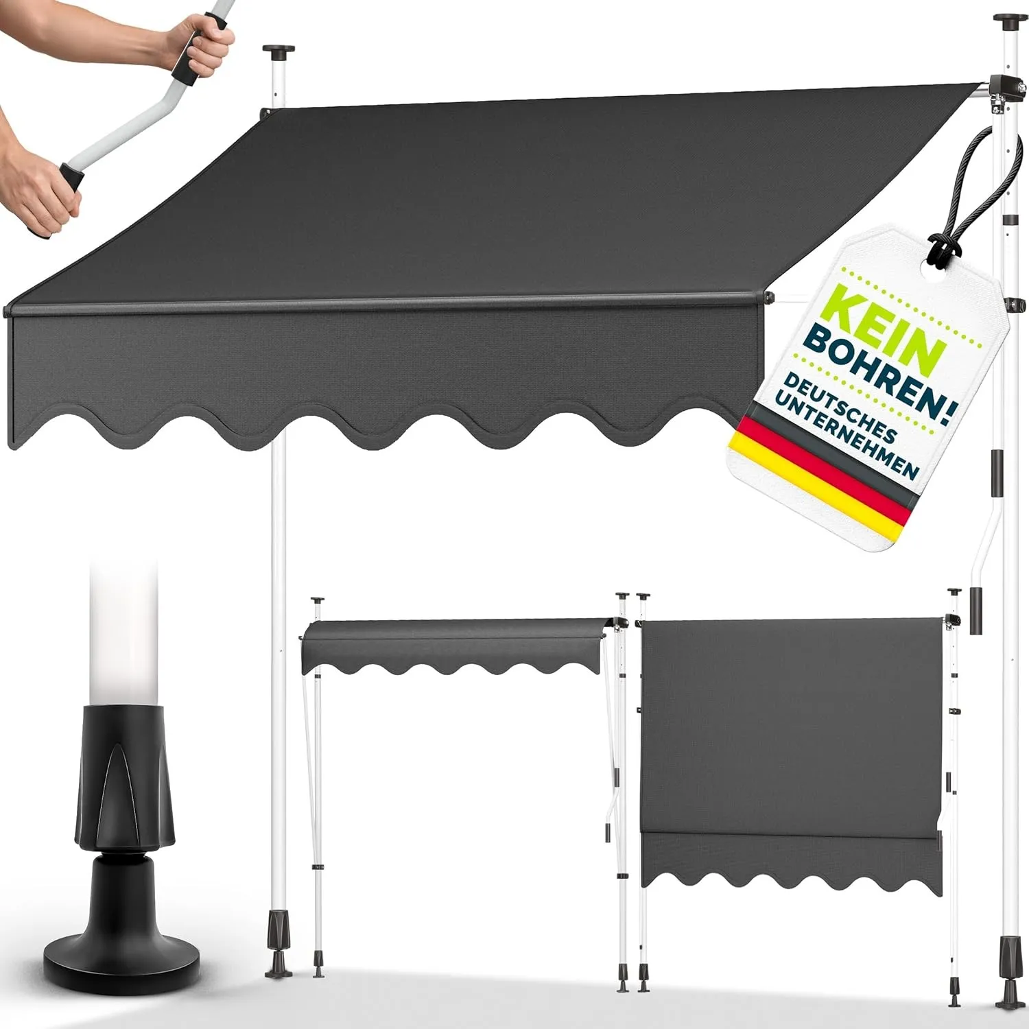 tillvex Klemmmarkise 250cm breit mit Handkurbel | Balkonmarkise ohne Bohren