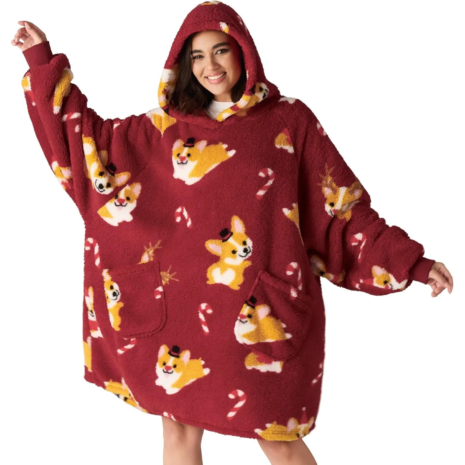 BEDSURE Hoodie Decke mit Ärmeln Geschenke Rot - 95x85 Weihnachten Corgi