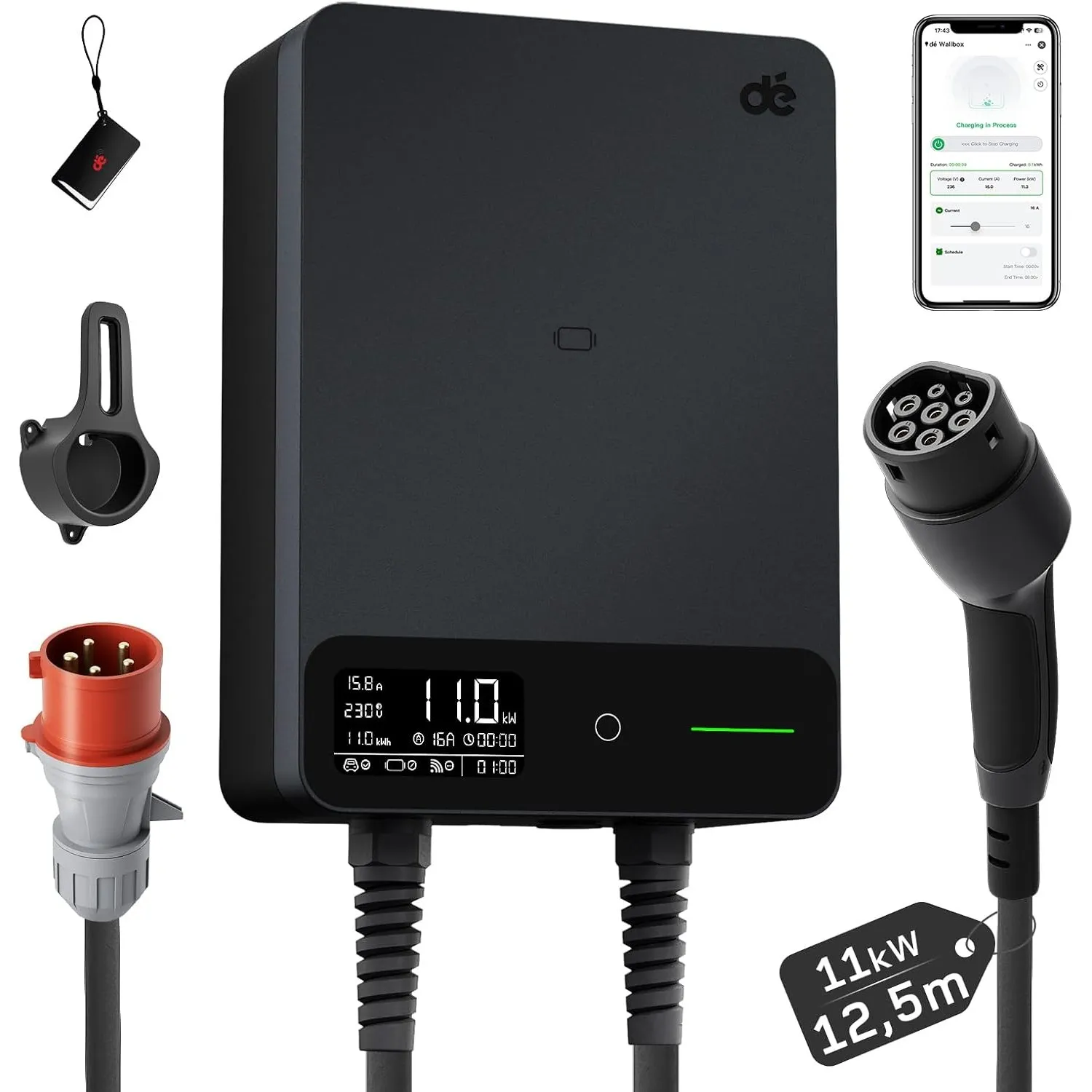 dé Wallbox 11kW mit APP, 12,5m Typ 2, §14a EnWG, EV Ladestation, Schwarz