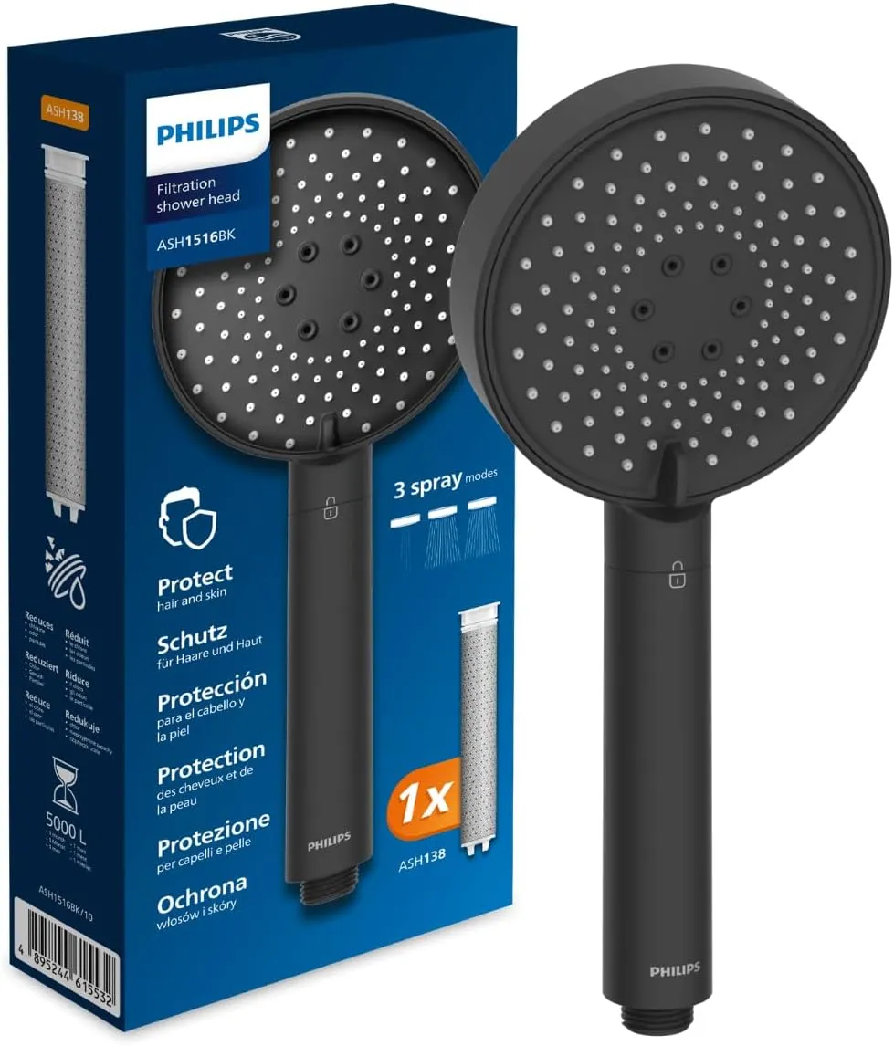 Philips Water Duschkopf mit Filter – Schutz für Haut & Haare, entfernt effektiv Chlor und große Partikel, 3 Sprühmodi, …