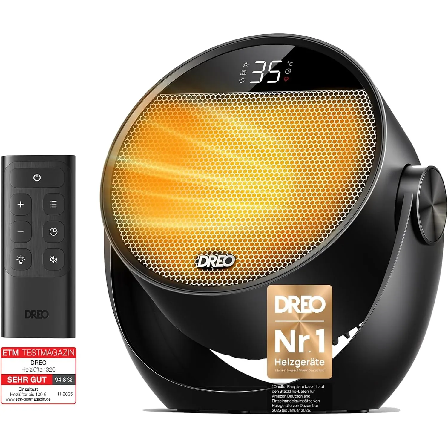Dreo Heizlüfter Energiesparend Klein, Leiser 1500W Tragbar Heizlüfter mit Fernbedienung, Thermostat, 60° Neigbar, 8 Sic…