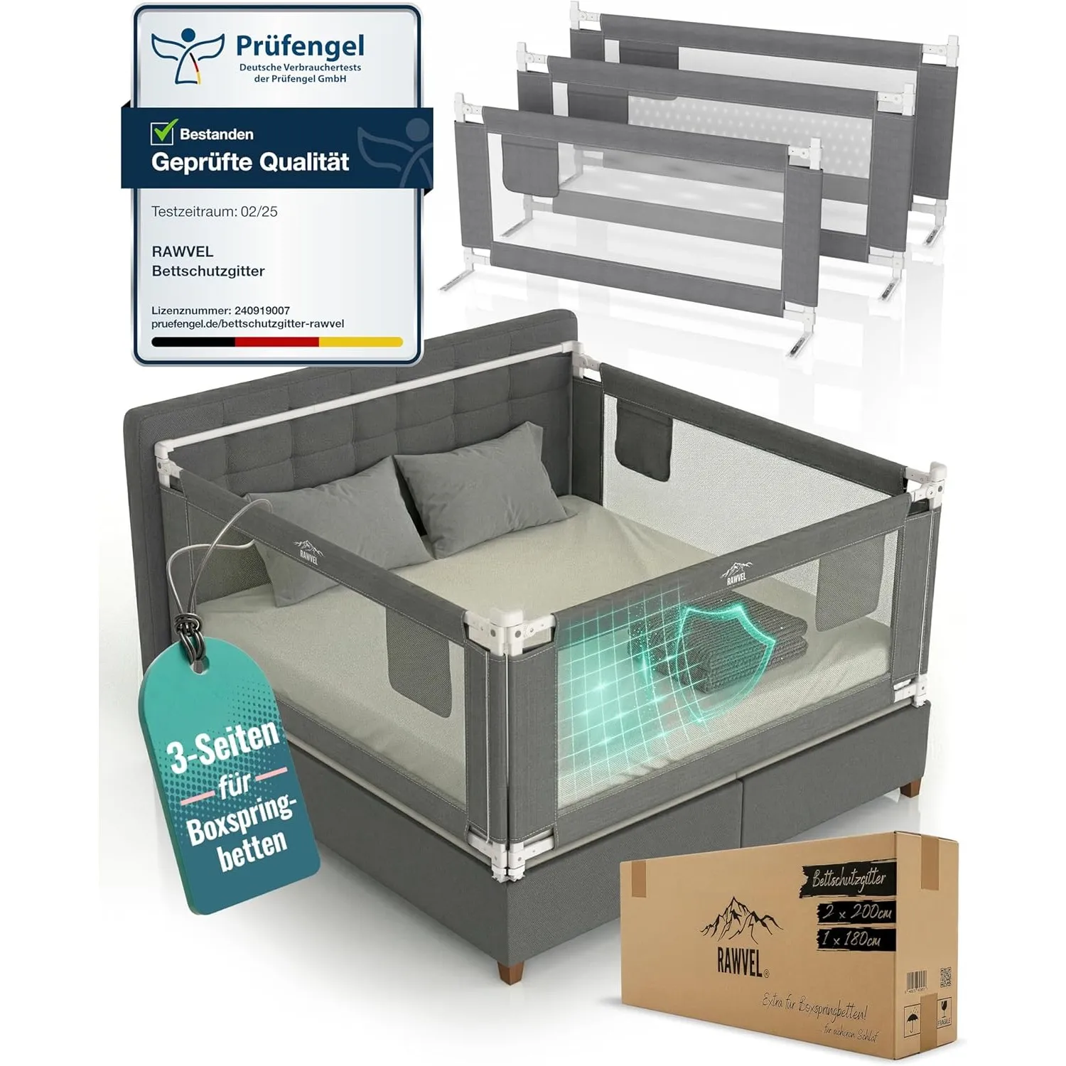 RAWVEL® Bettgitter Rausfallschutz Boxspringbett 180x200 cm [3 Seiten Komplett Set + Stange] - Labor geprüft - Rausfalls…