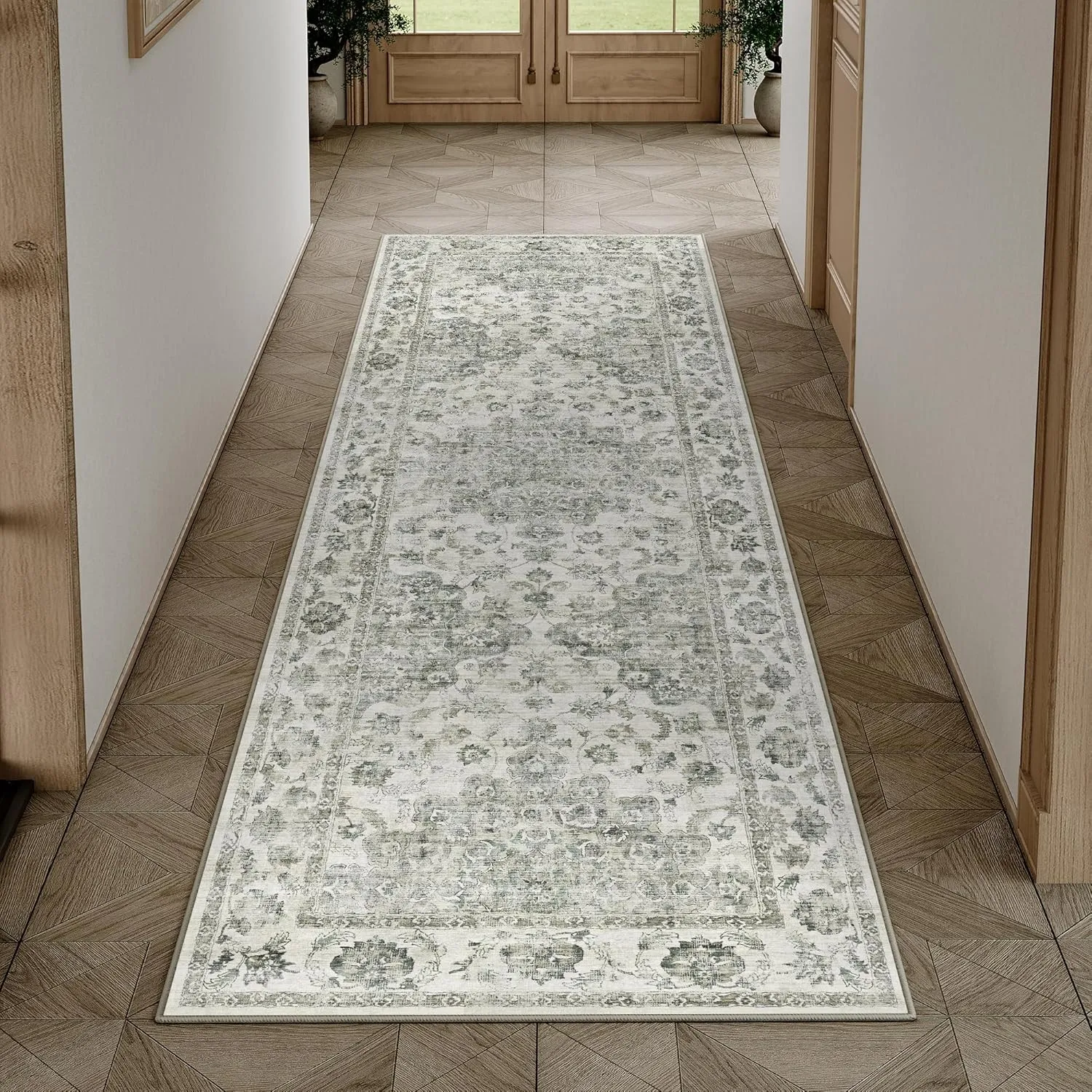 HUGEAR Vintage Grün Waschbarer Läufer Teppich Flur 60x180cm Bettvorleger Küchen Wohnzimmer Schlafzimmer Teppiche rutsch…