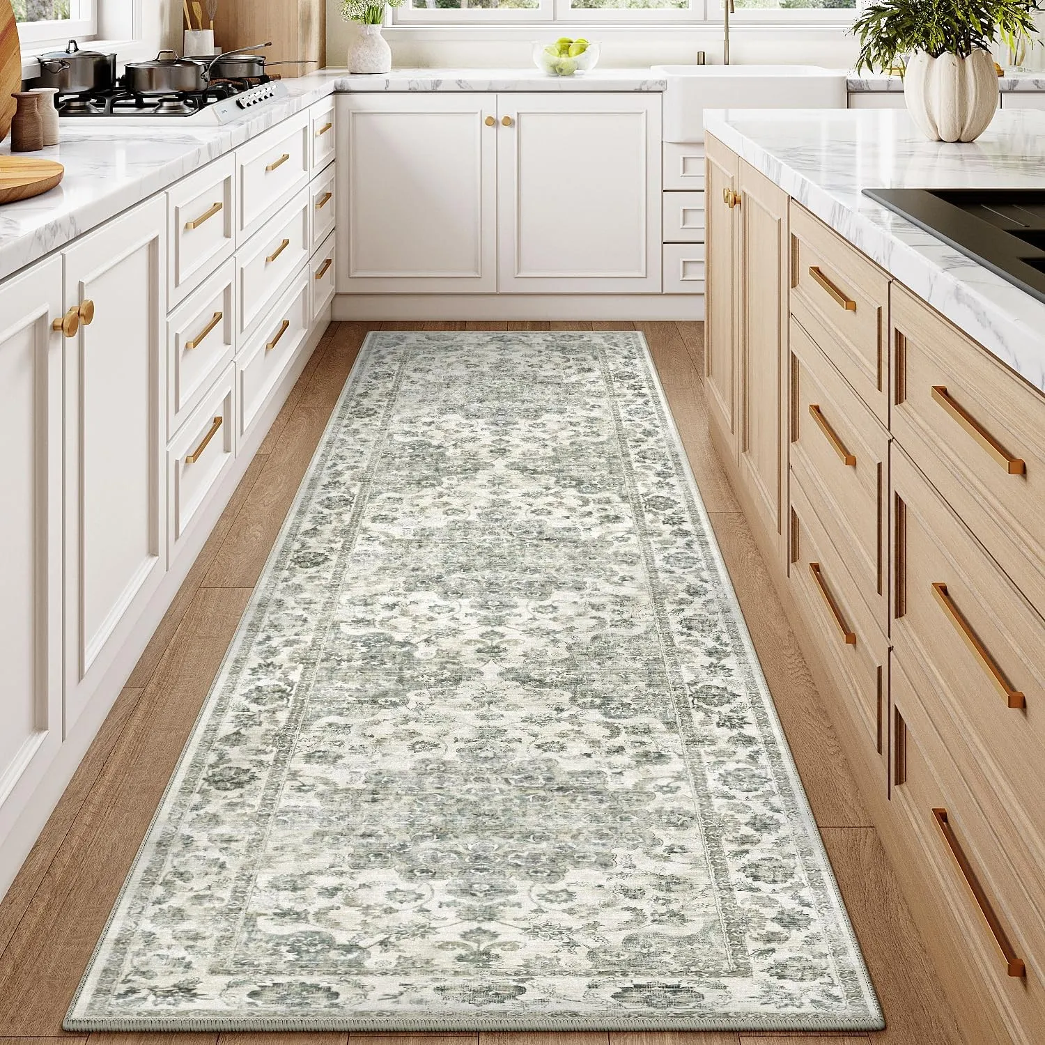 HUGEAR Vintage Grün Waschbarer Läufer Teppich Flur 60x240cm Bettvorleger Küchen Wohnzimmer Schlafzimmer Teppiche rutsch…