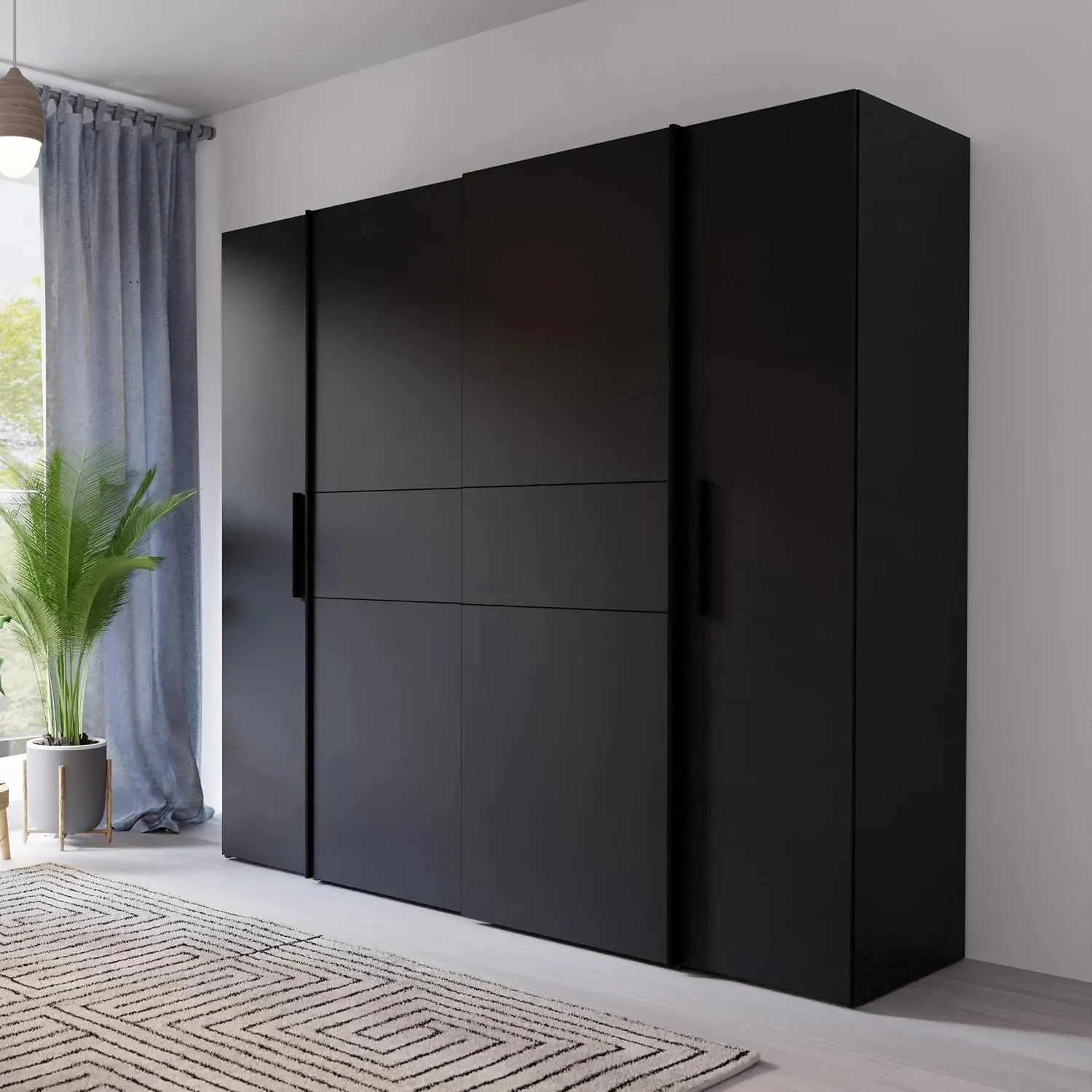 Forte KALIXTUS schwarzer Kleiderschrank 200, moderner Schwebetürenschrank, 4-türig, Holzwerkstoff, Schwarz Matt, 200,1 …