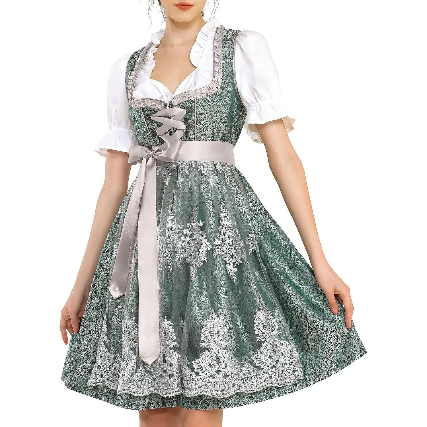 Dirndl Damen Midi Dirndlkleid Trachtenkleid Lang Trachtenrock 3 Teilig