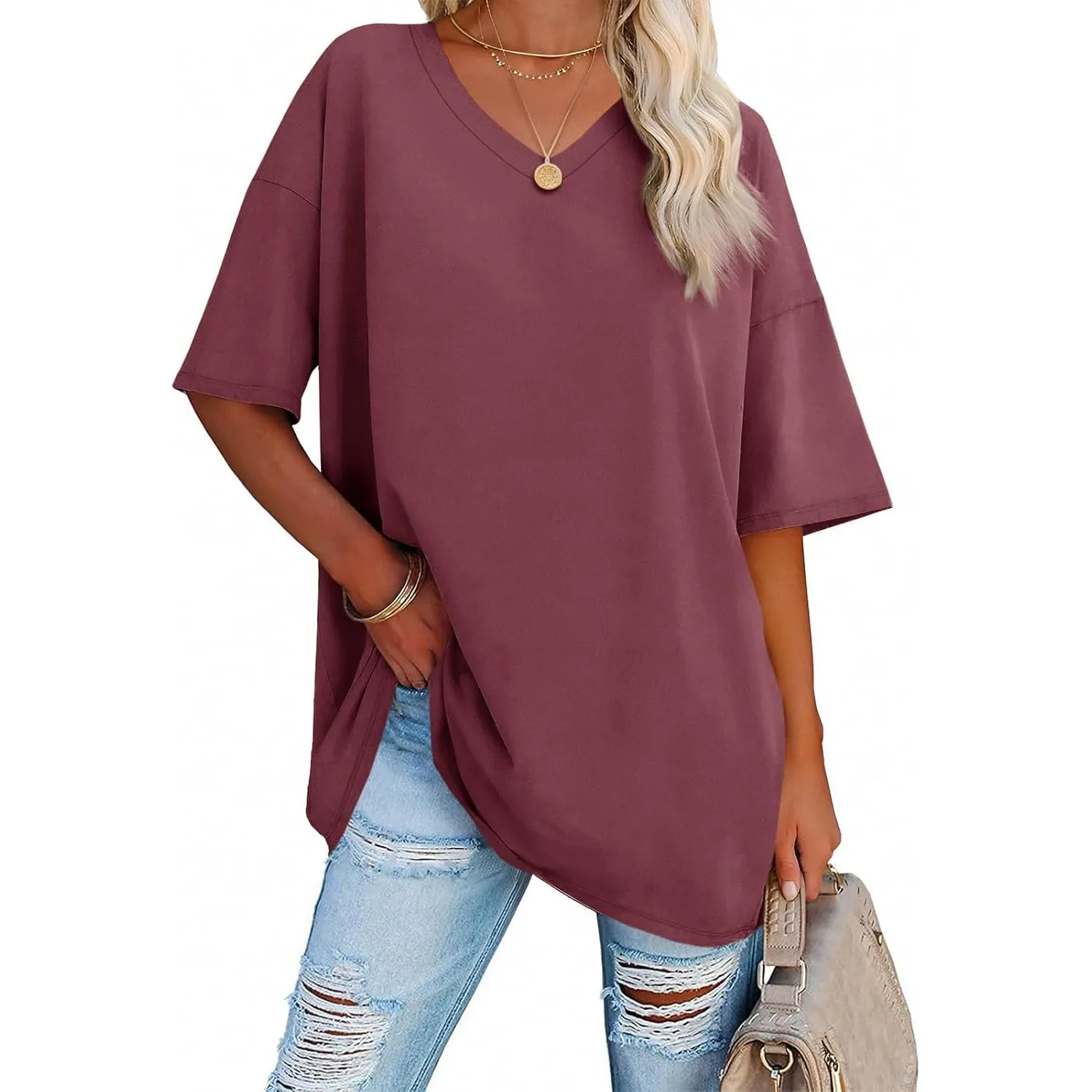 Ebifin Damen T Shirt Oversize Oberteile V-Ausschnitt