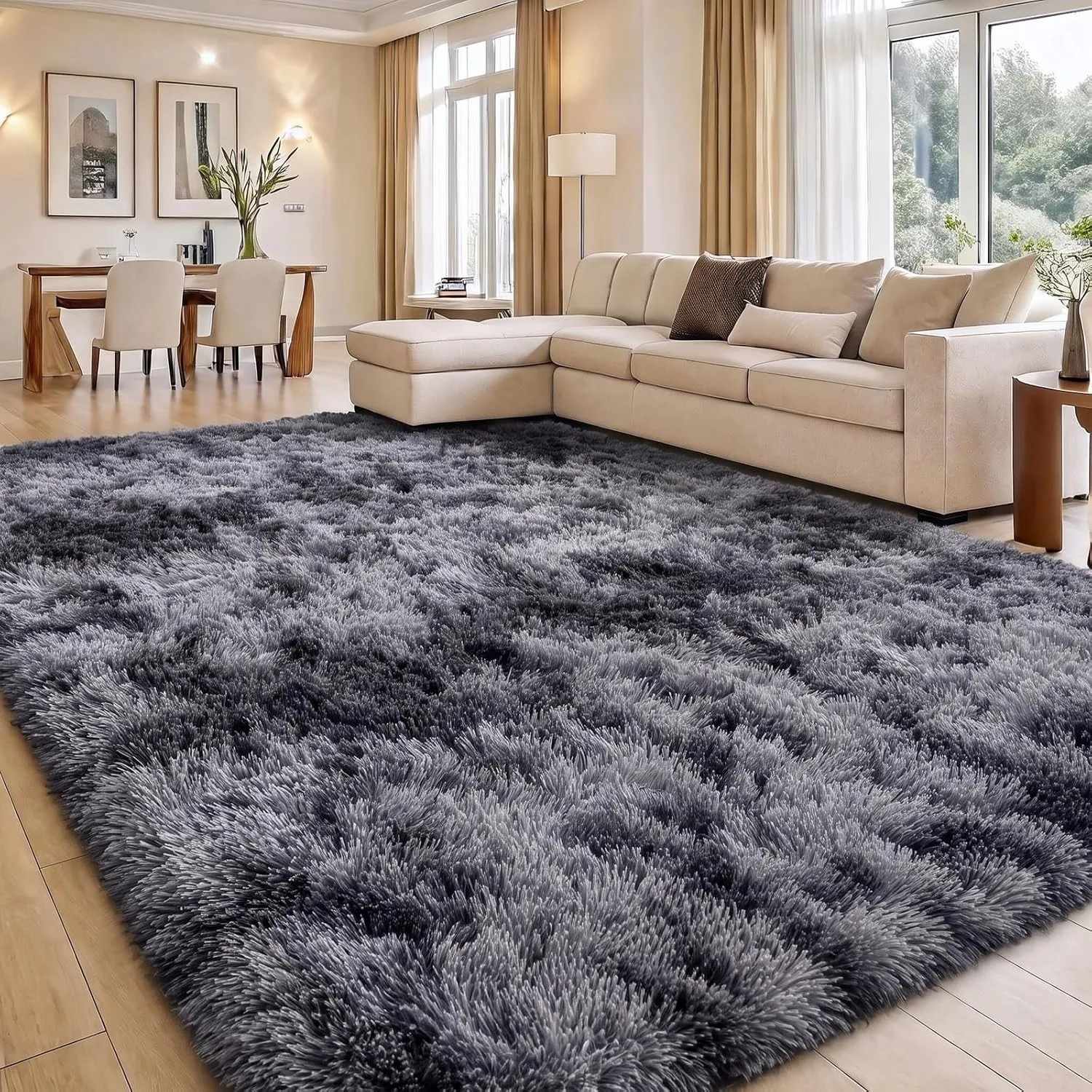 smiry Hochflor Teppich Wohnzimmer, 160x220cm, Hellgrau