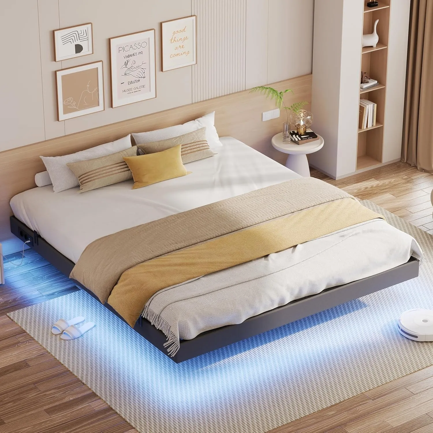 IRONCK Bettgestell 180x200 cm, Schwebender Bett mit LED Beleuchtung, Gepolsterte Seitenwände, 2 AC-Steckdosen, 1 USB-A-…