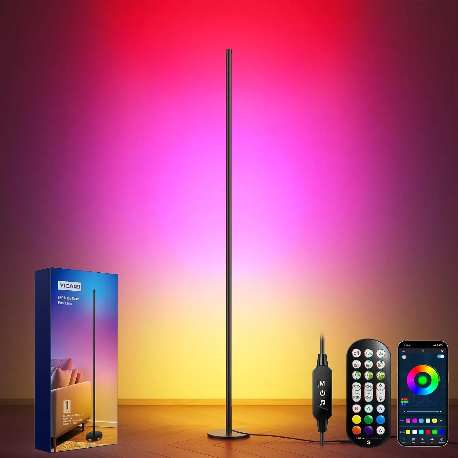 YICAIZI LED Stehlampe Wohnzimmer Dimmbar - 160cm RGB Ecklampe, Standleuchte LED mit Fernbedienung und APP, Musik Sync, …