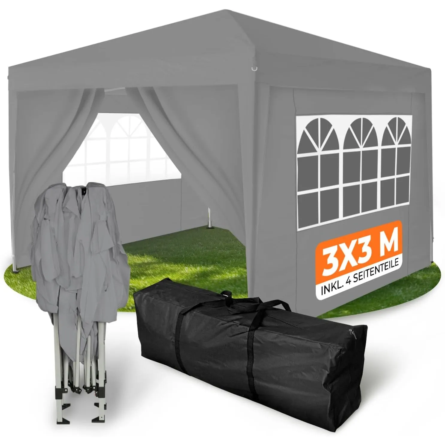 Kronenburg Faltpavillon wasserdicht Dachmaß 3 x 3 m UV Schutz 50+ Pavillon in Grau mit 4 Seitenteilen