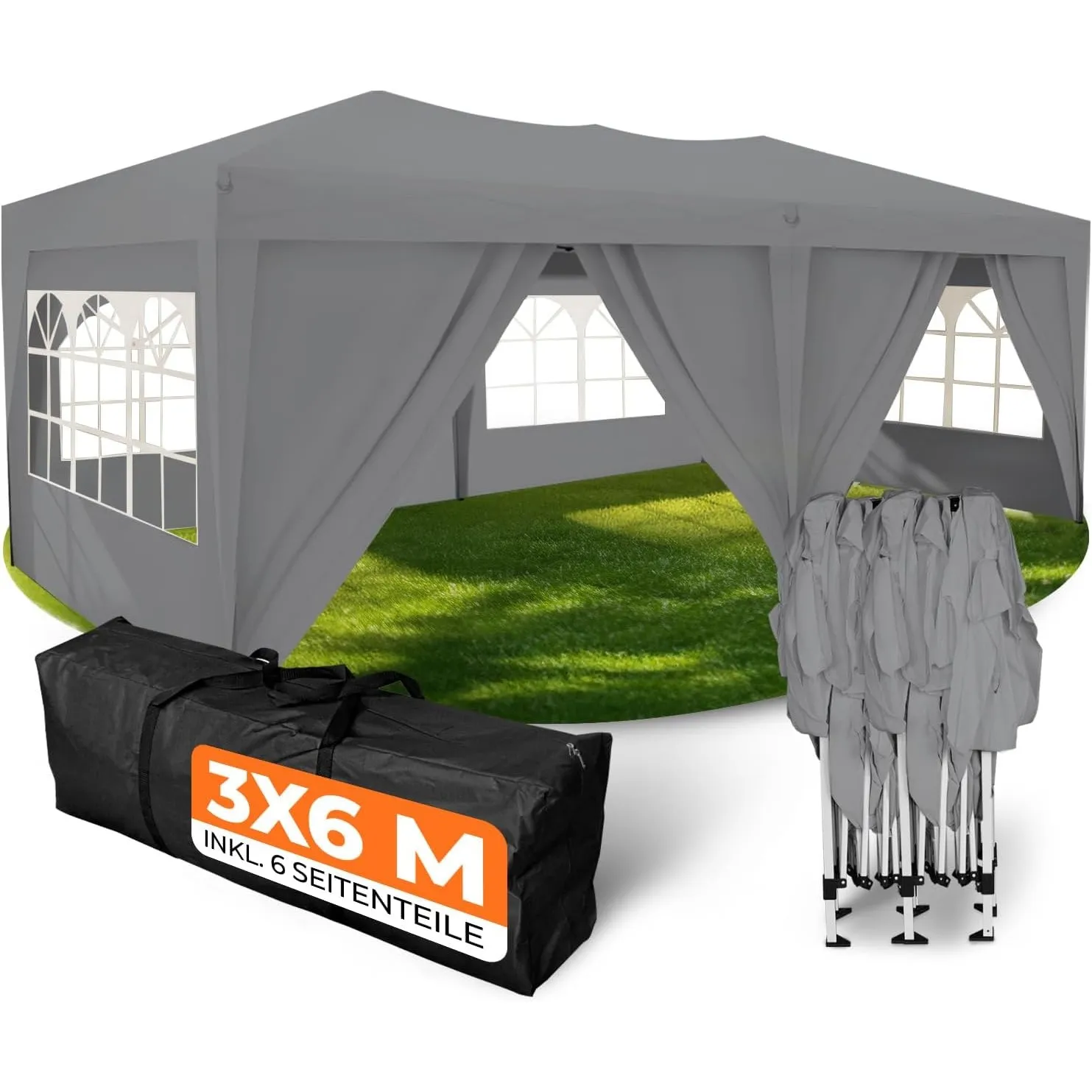 Kronenburg Faltpavillon wasserdicht Pavillon mit 6 Seitenteilen, Gartenzelt, 3x6 m - mit UV Schutz 50+, Grau