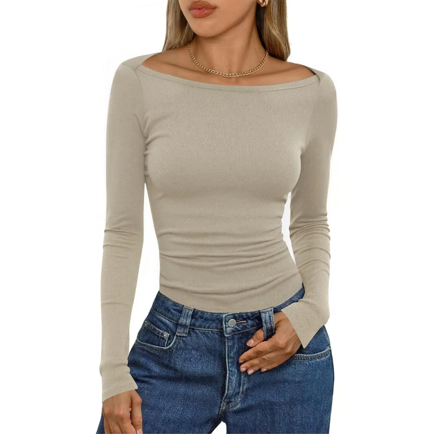 Aottori Langarmshirt Damen mit U-Boot-Ausschnitt Gerippt Oberteil Elegant