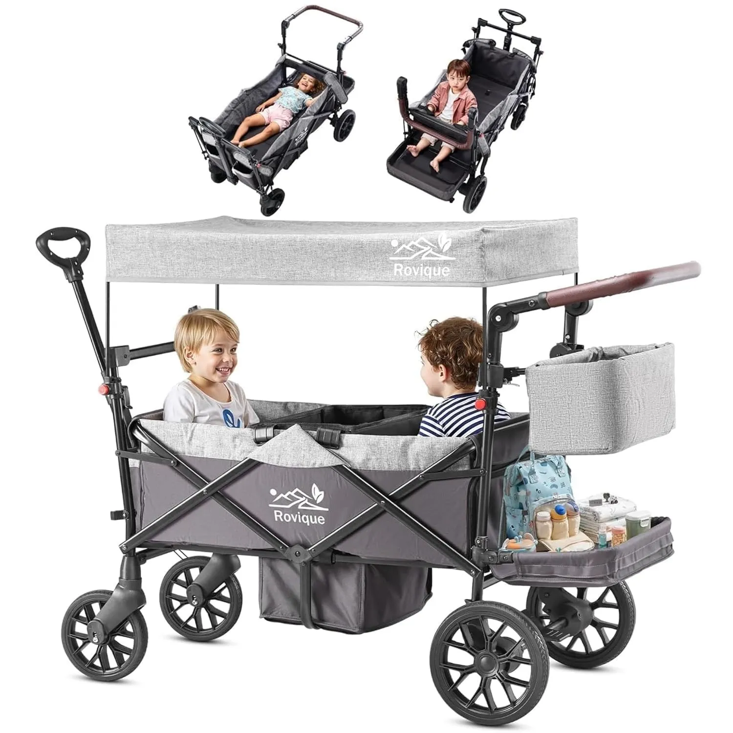 Bollerwagen für 2 Kinder, faltbarer Kleinkinderwagen mit Dach und abnehmbarem Tablett,Tür mit Reißverschluss,5-Punkt-Gu…