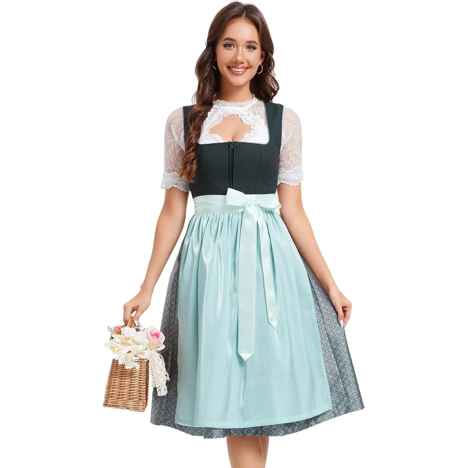 YesFashion Dirndl Damen Midi Trachtenkleid Jacquar Trachtenmode Dirndlkleid inkl. Dirndlbluse Dirndlschürze 3 teilig fü…