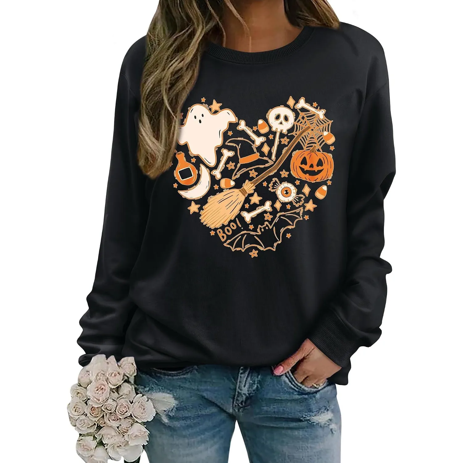 Halloween Sweatshirts für Frauen Ghost Pumpkin Bat Grafikdruck Top Damen Langärmel Crew Hals Pullover Pullover Shirts